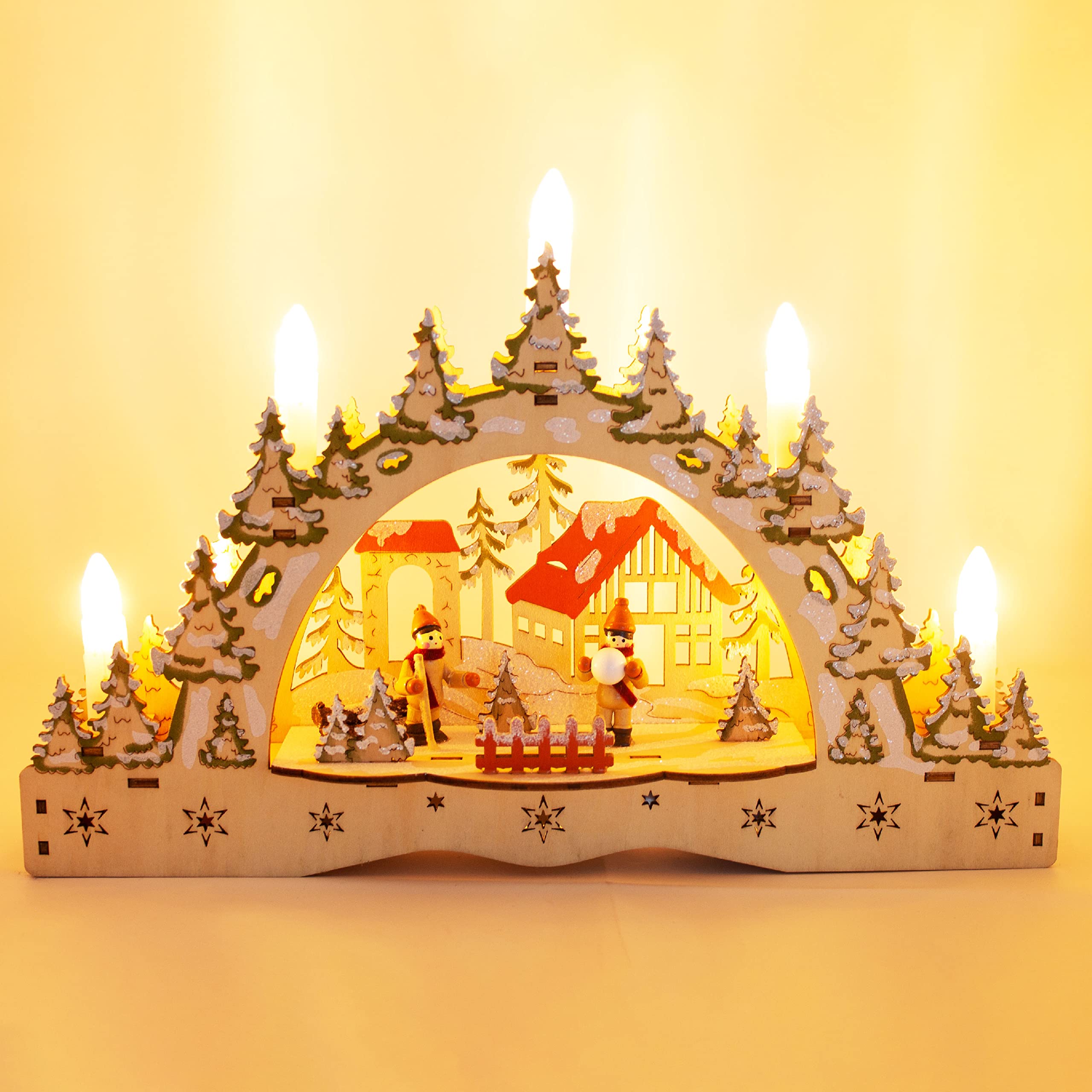 ToCi LED Candle Arch - Wooden Snowball Fight Motif Christmas Light