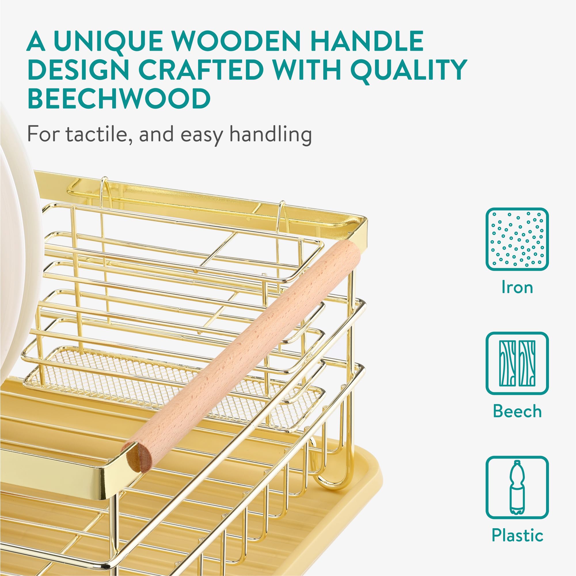 Navaris Dish Drainer Rack | Retro Kitchen Drying Rack with Beechwood - Gold