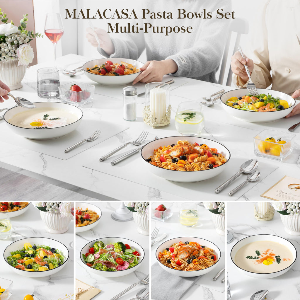 MALACASA 42oz Ceramic Pasta Bowls Set of 4 – Large Shallow Salad Bowls