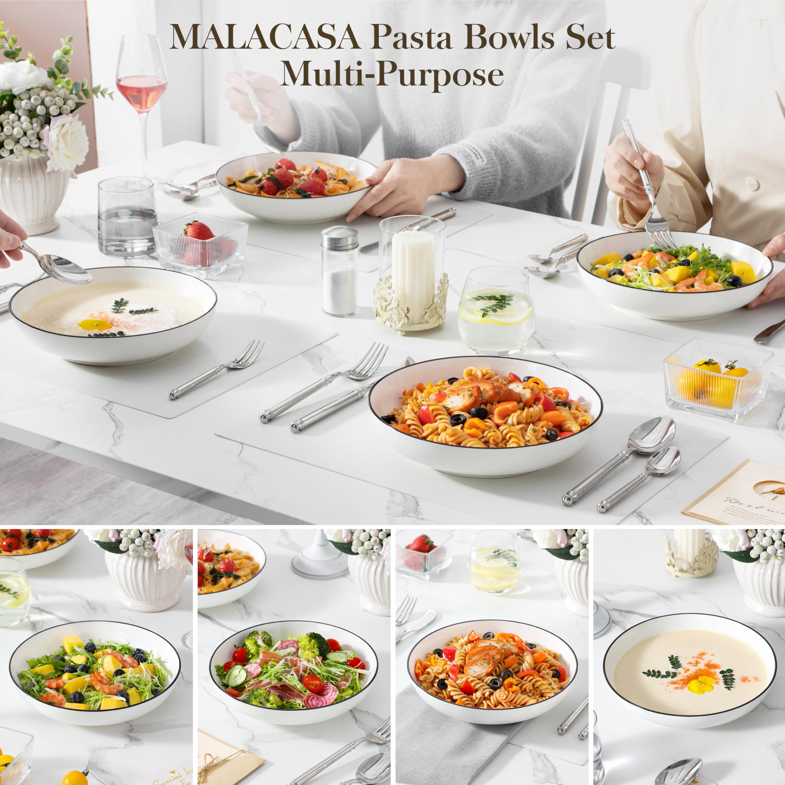 MALACASA 42oz Ceramic Pasta Bowls Set of 4 – Large Shallow Salad Bowls