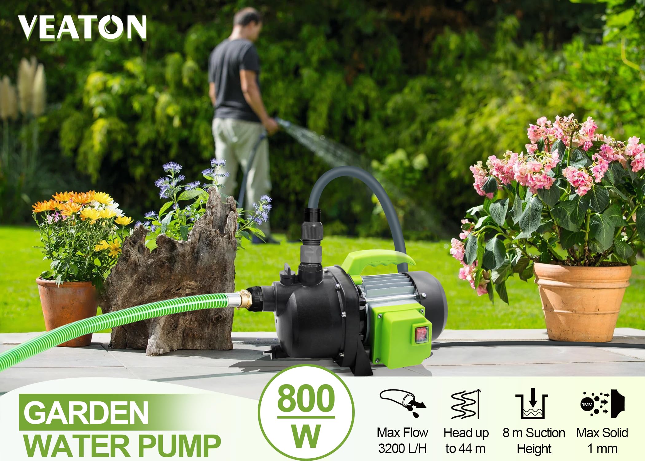 VEATON 800W Portable Garden Booster Pump with 4m Intake Hose Kit