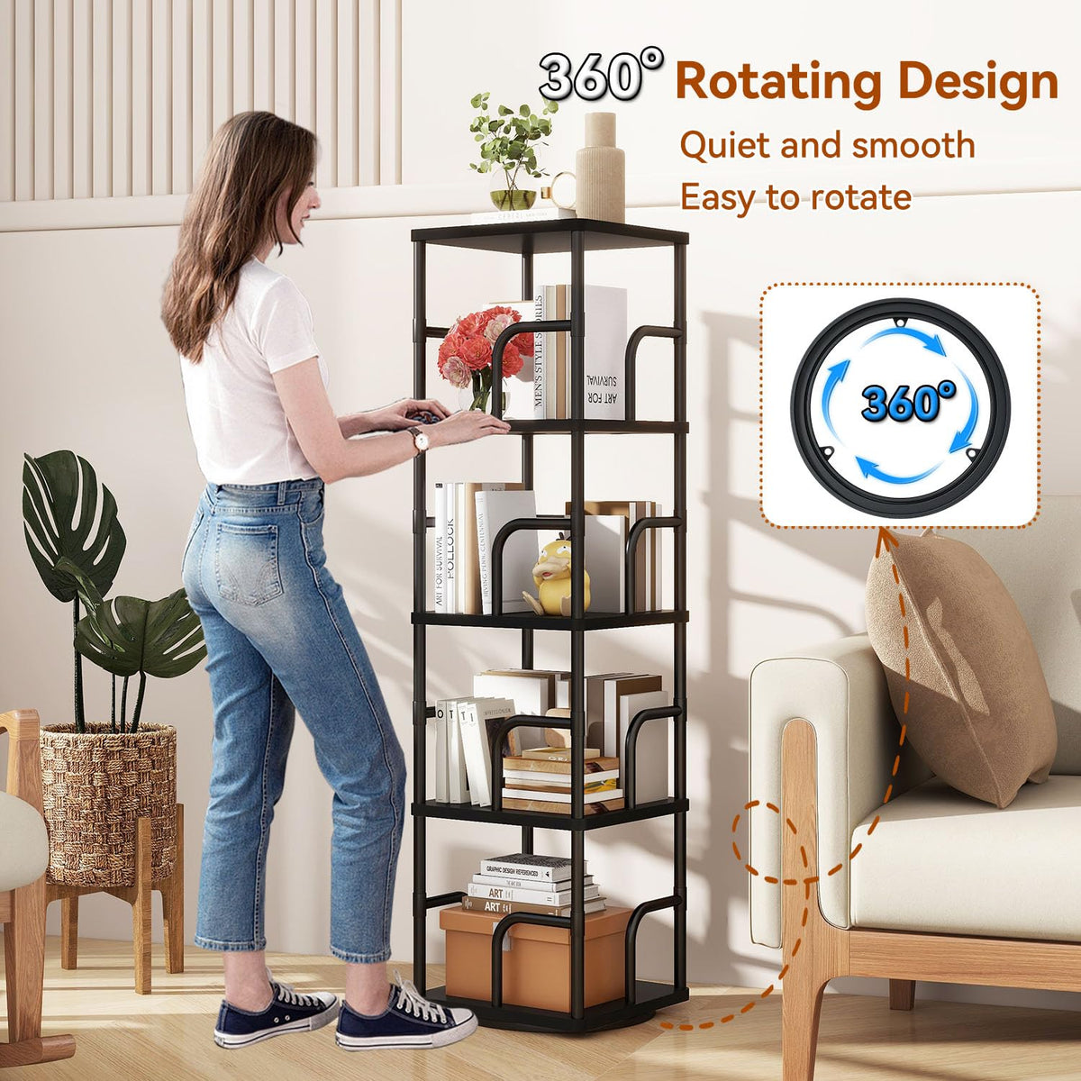 IBUYKE 5 Tier Rotating Bookshelf,Square Bookcases,Black TBC004B - image 2