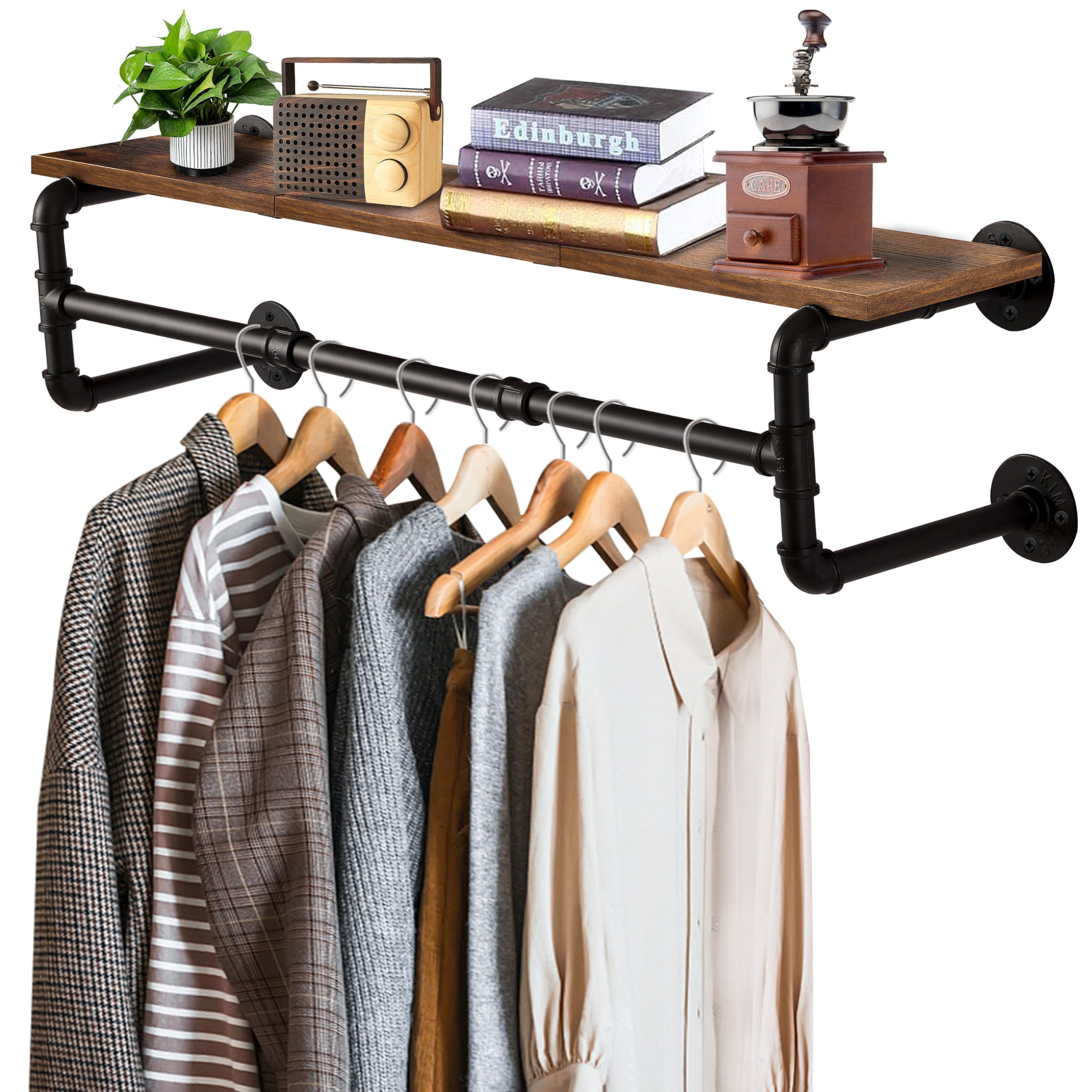 Yawinhe Industrial Pipe Wall Mounted Garment Rack with Wood Top Shelf