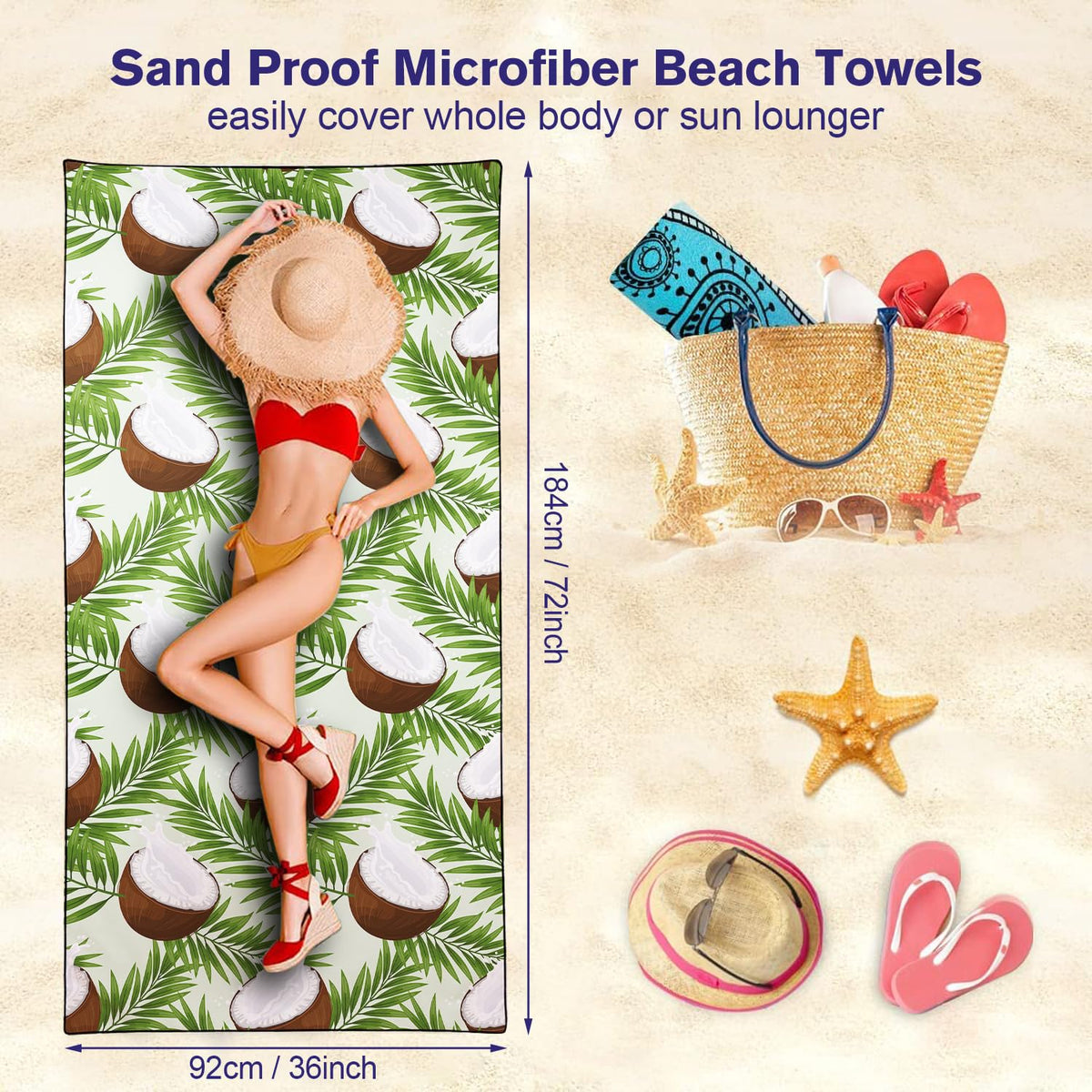 Violetpos Coconut & Palm Leaf Beach Towel, Extra Large 180x90 cm 250GSM Microfibre, Sand Free Quick Dry - image 5