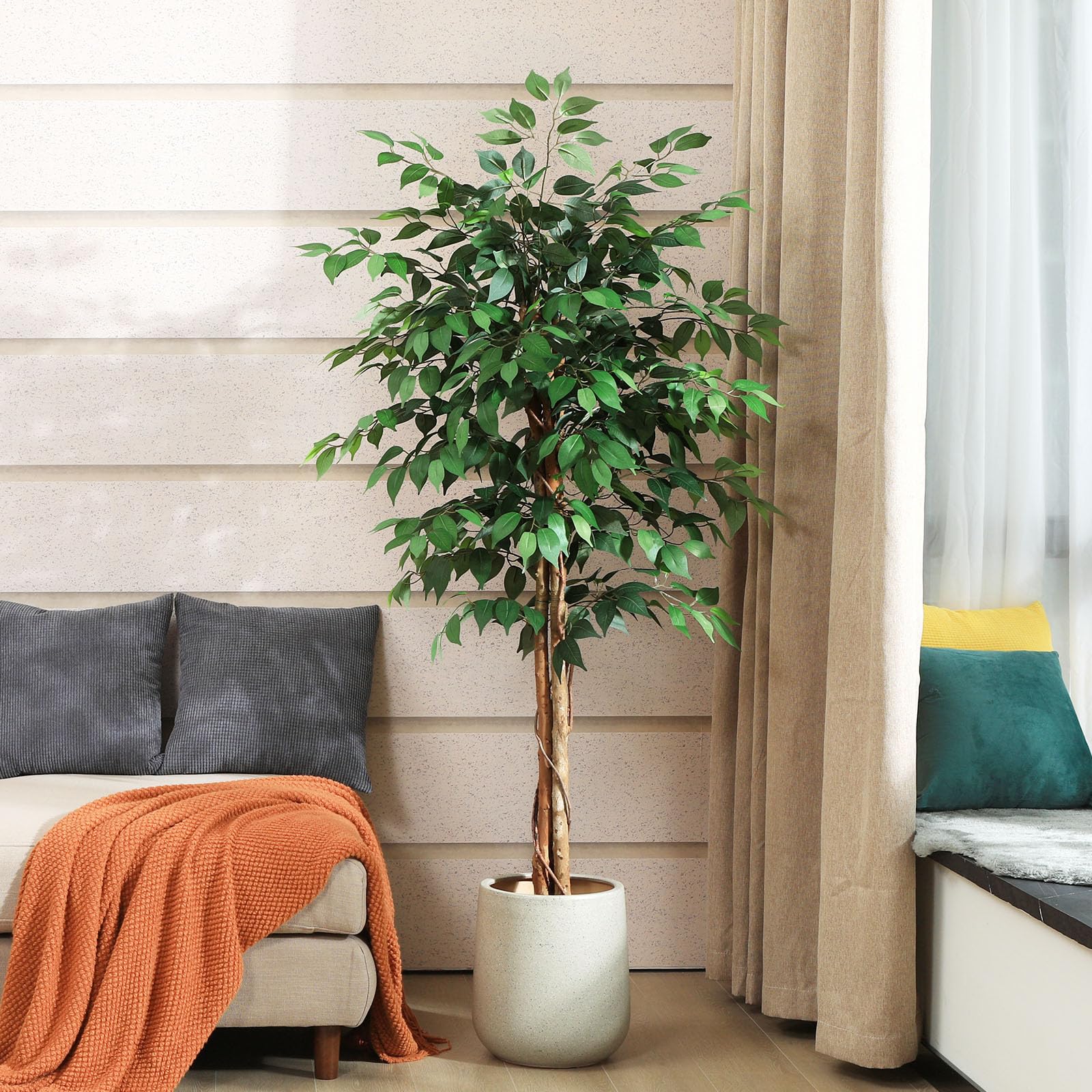 SOGUYI 150cm Artificial Ficus Tree | Silk Faux Plant with Natural Wood Trunk