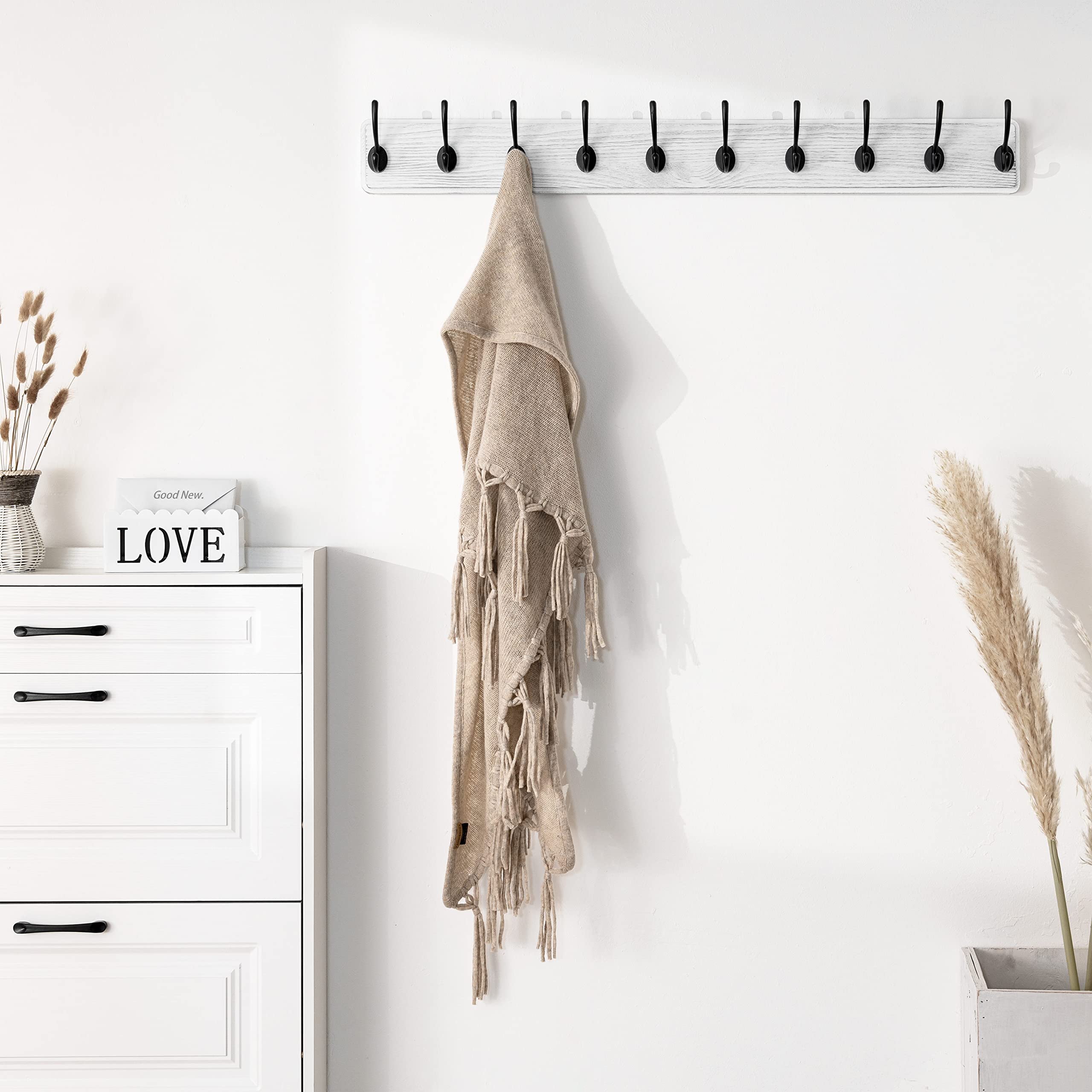 SKOLOO Farmhouse Wall Mounted Coat Rack | 10 Hook Rustic Pine Wood Hanger