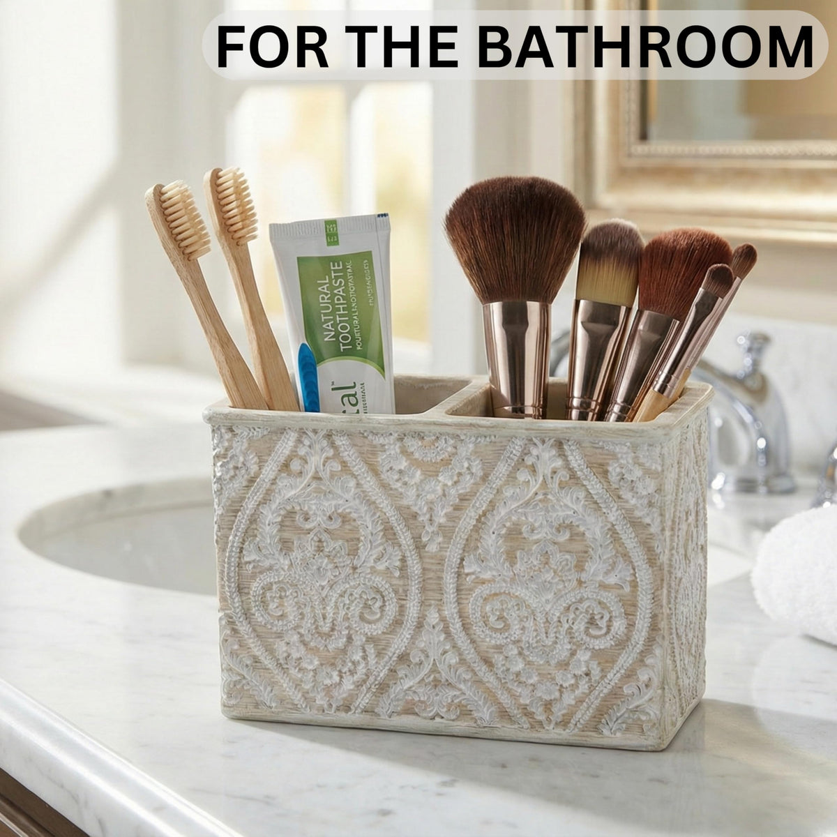 Makeup Brush and Toothbrush Holder Double, Cream, 14x10 cm - image 5