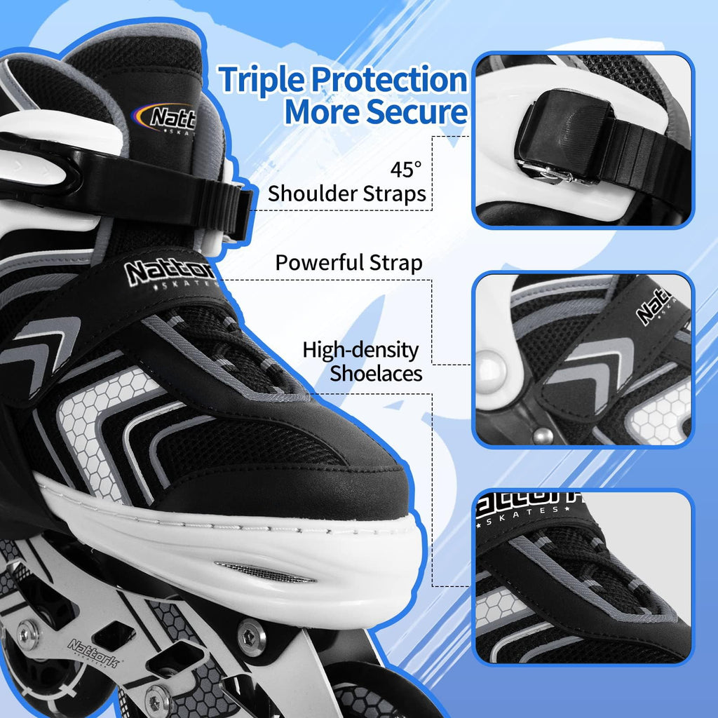 Nattork Kids Adjustable Inline Skates with Light Up Wheels – Black Size M