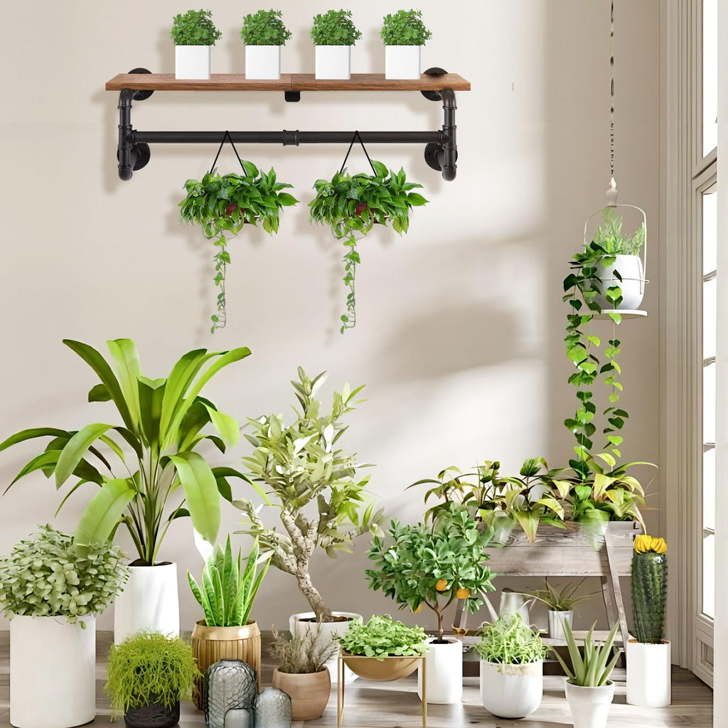 Industrial Pipe Clothes Rack with Wood Shelf – 70cm Wall Mount