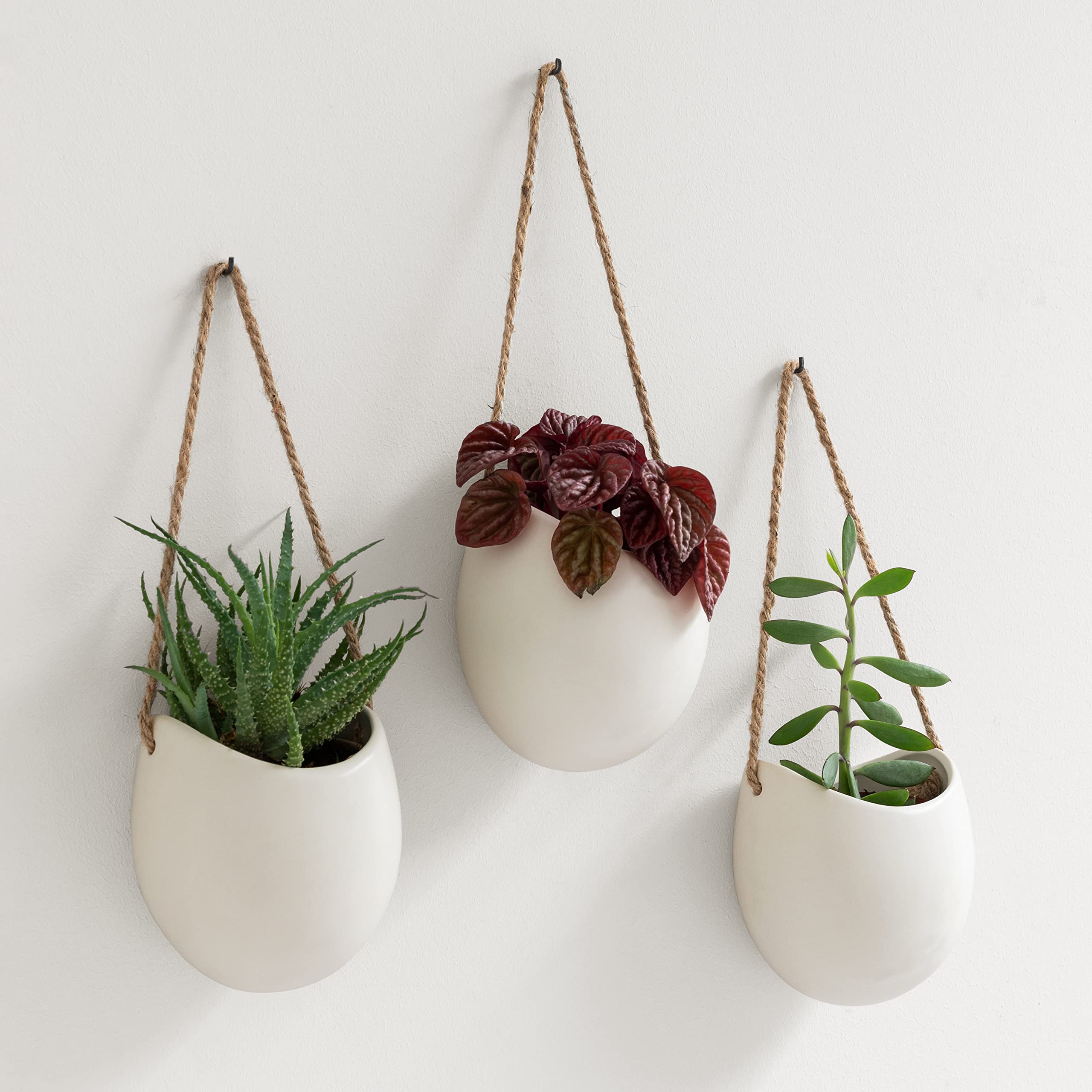 Kazai Ellie Hanging Ceramic Wall Planters – 3 Piece Indoor Garden Set, Cream