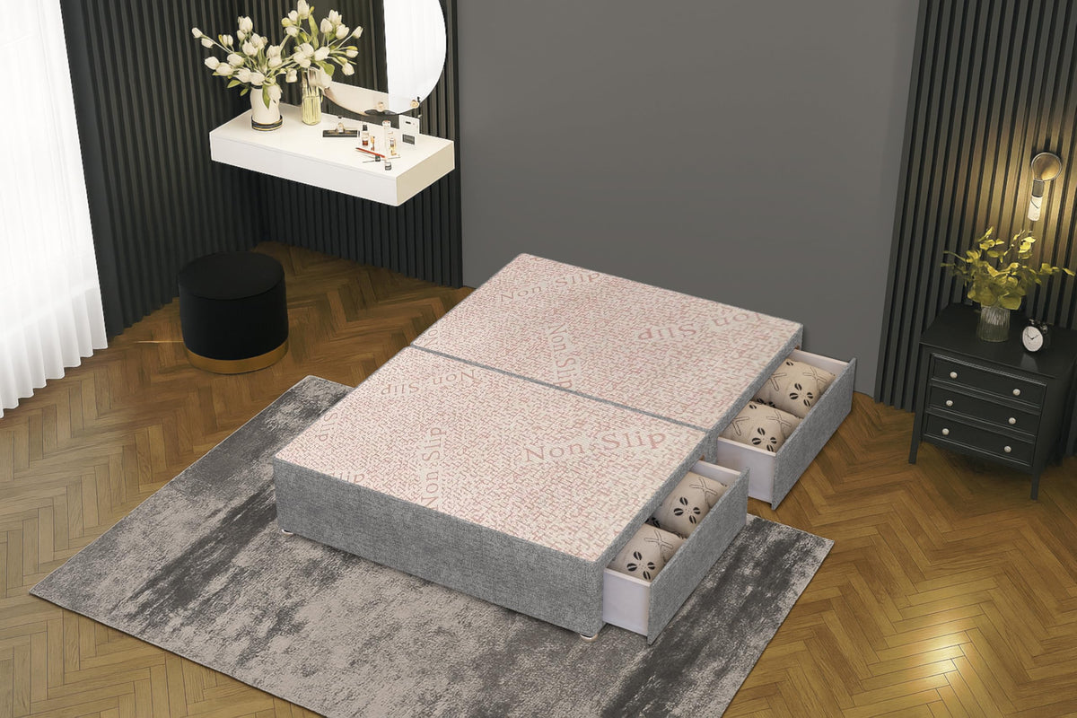 Bed Centre Flexby Divan Bed Base Only with 2 Drawers Same Side, No Headboard - Available in 3FT, 4FT, 5FT & 6FT 3FT Single, Tweed Grey Fabric
