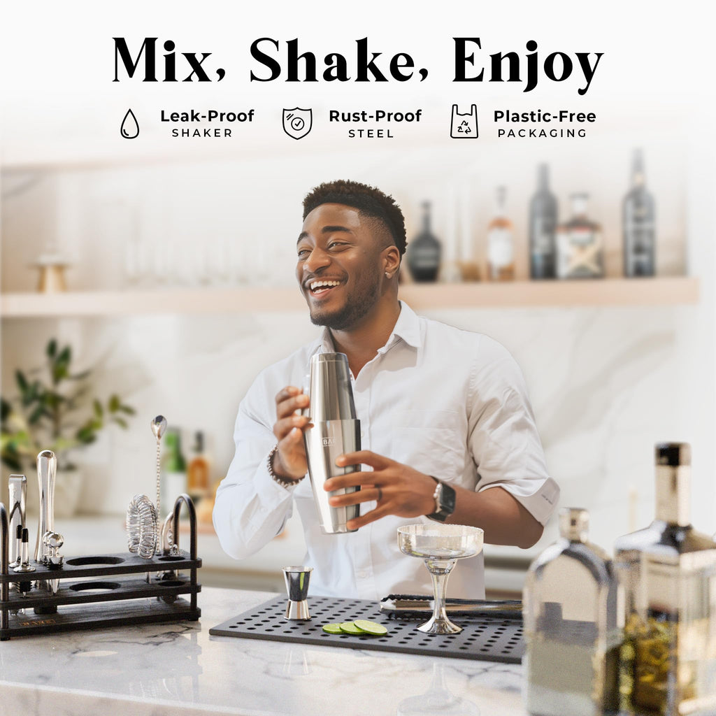 Bare Barrel 14-Piece Cocktail Making Kit with Bamboo Stand & Recipes