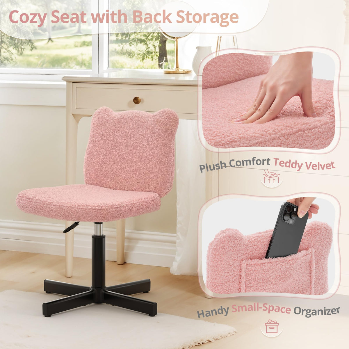 LUE BONA 360° Swivel Vanity Stool with Bear Ear Backrest, Height Adjustable Teddy Velvet Dressing Table Chair, Pink - image 5