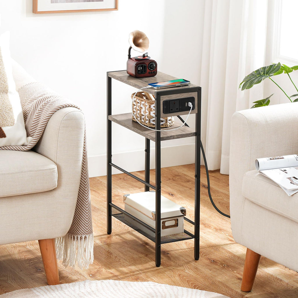 HOOBRO Slim Side Table with Charging Station | 3-Tier Narrow End Table