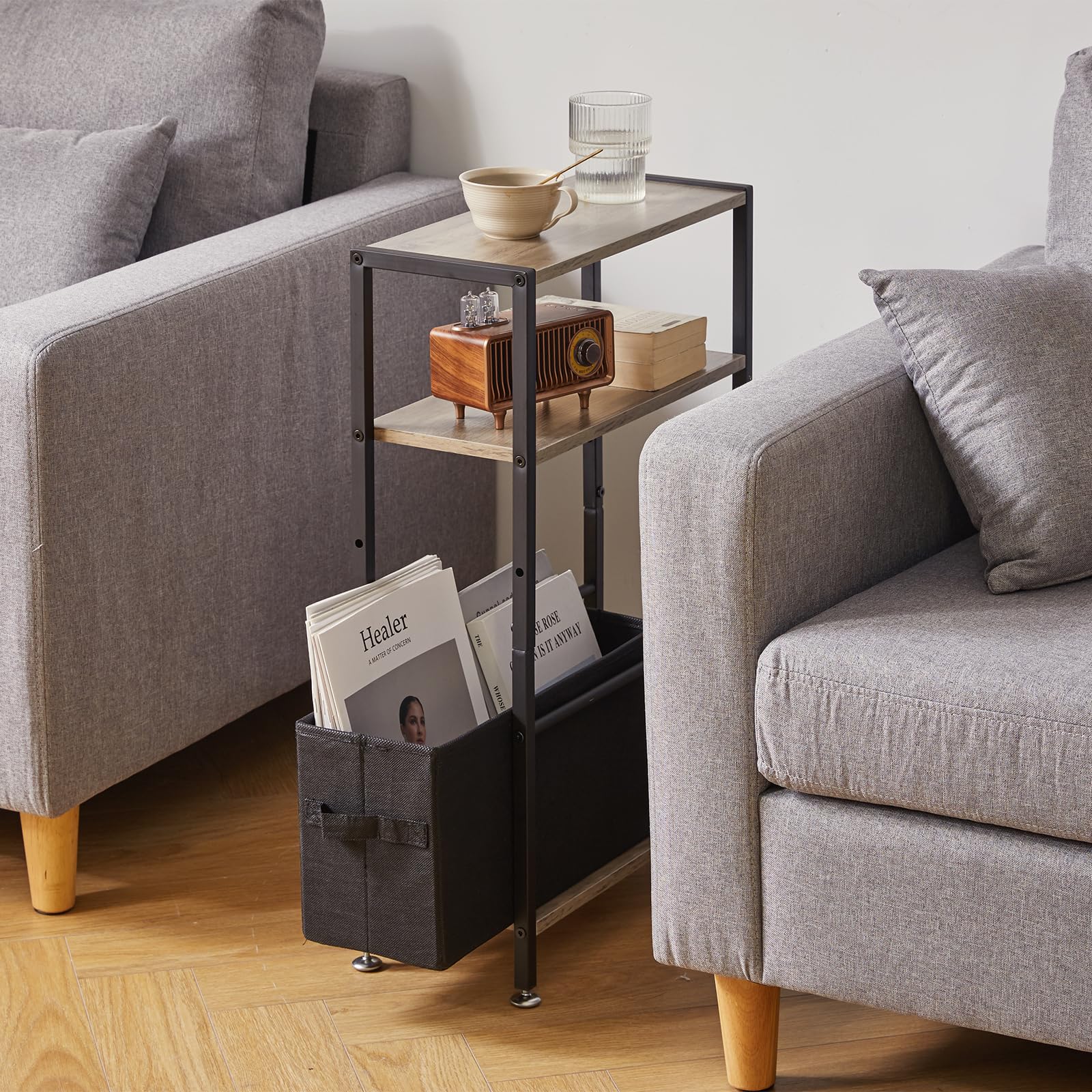Aibiju Narrow 3-Tier Side Table with Fabric Basket | Industrial Oak