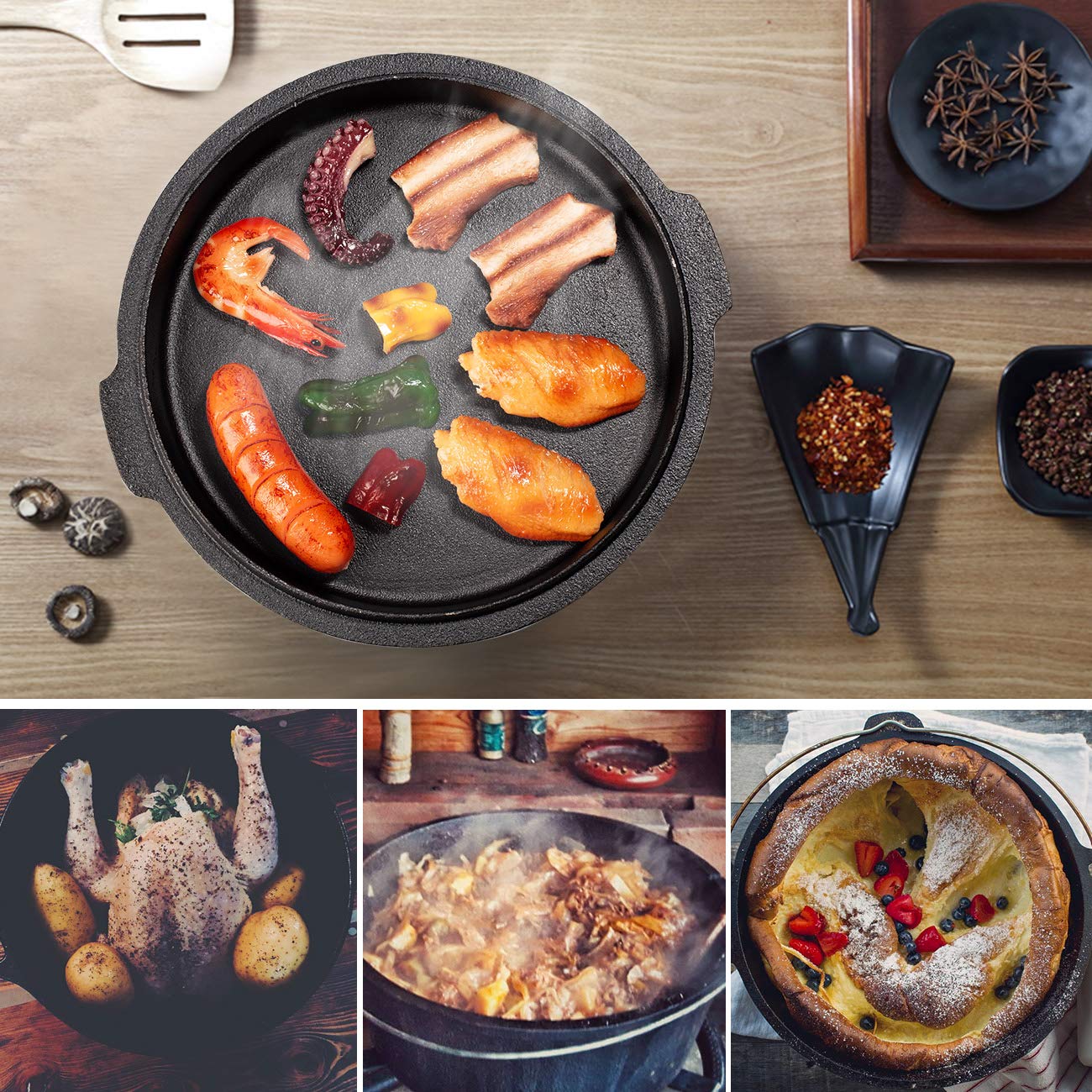 Overmont 9 Quart Cast Iron Dutch Oven with Dual Function Griddle Lid