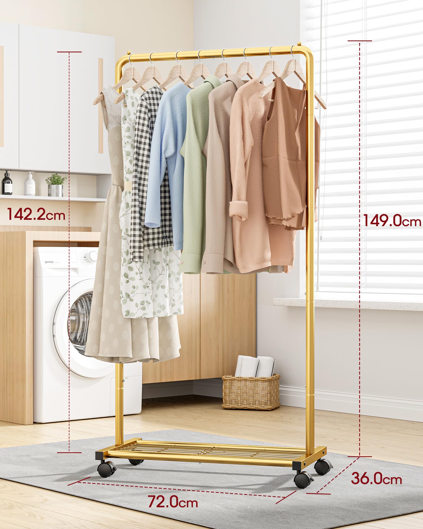 Sakugi Heavy-Duty Metal Clothes Rail – Rolling Garment Rack with Shelf