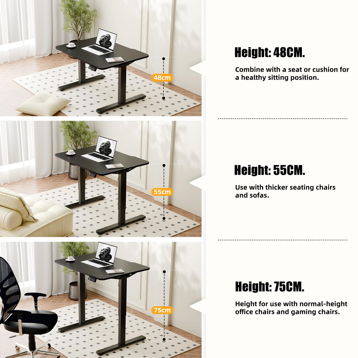 ERGOMAKER Low Height Electric Standing Desk, Lifts 48-75cm, 80x60cm, Black - image 4