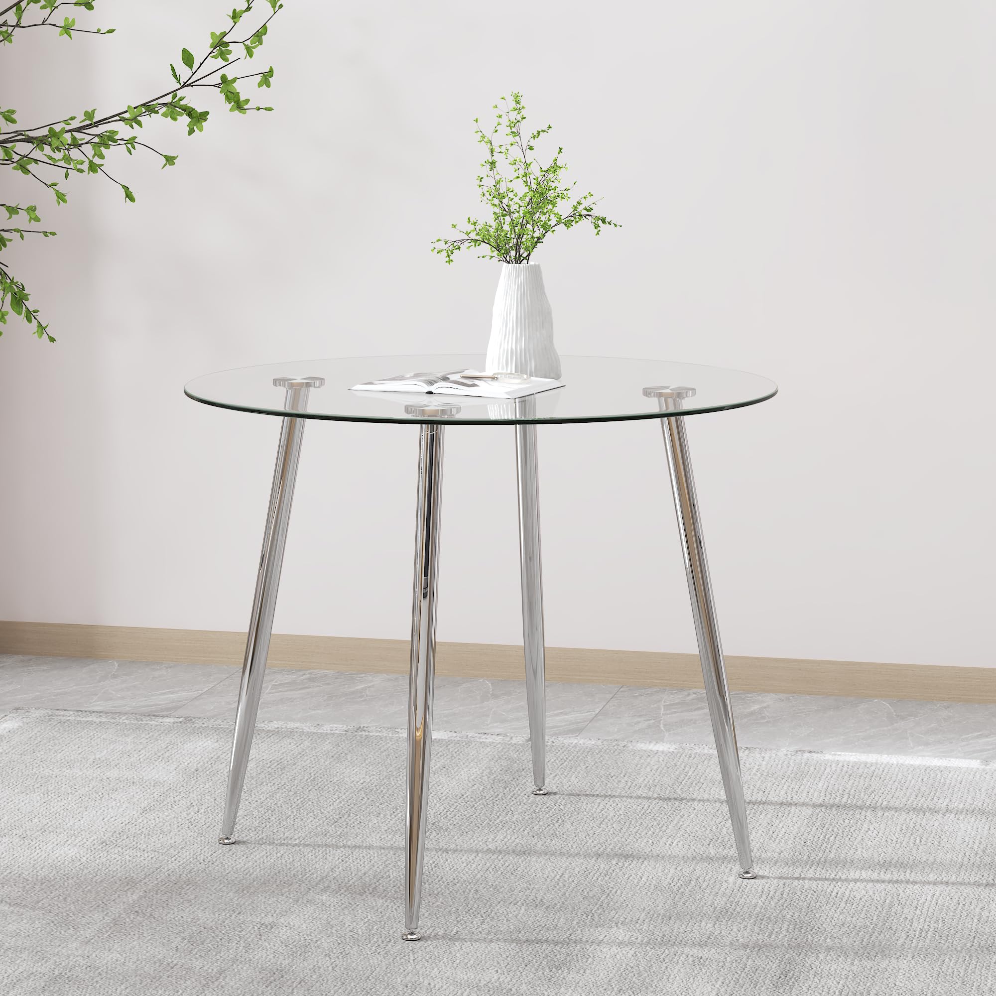 GOLDFAN Round Glass Dining Table – 80cm Tempered Glass with Silver Legs