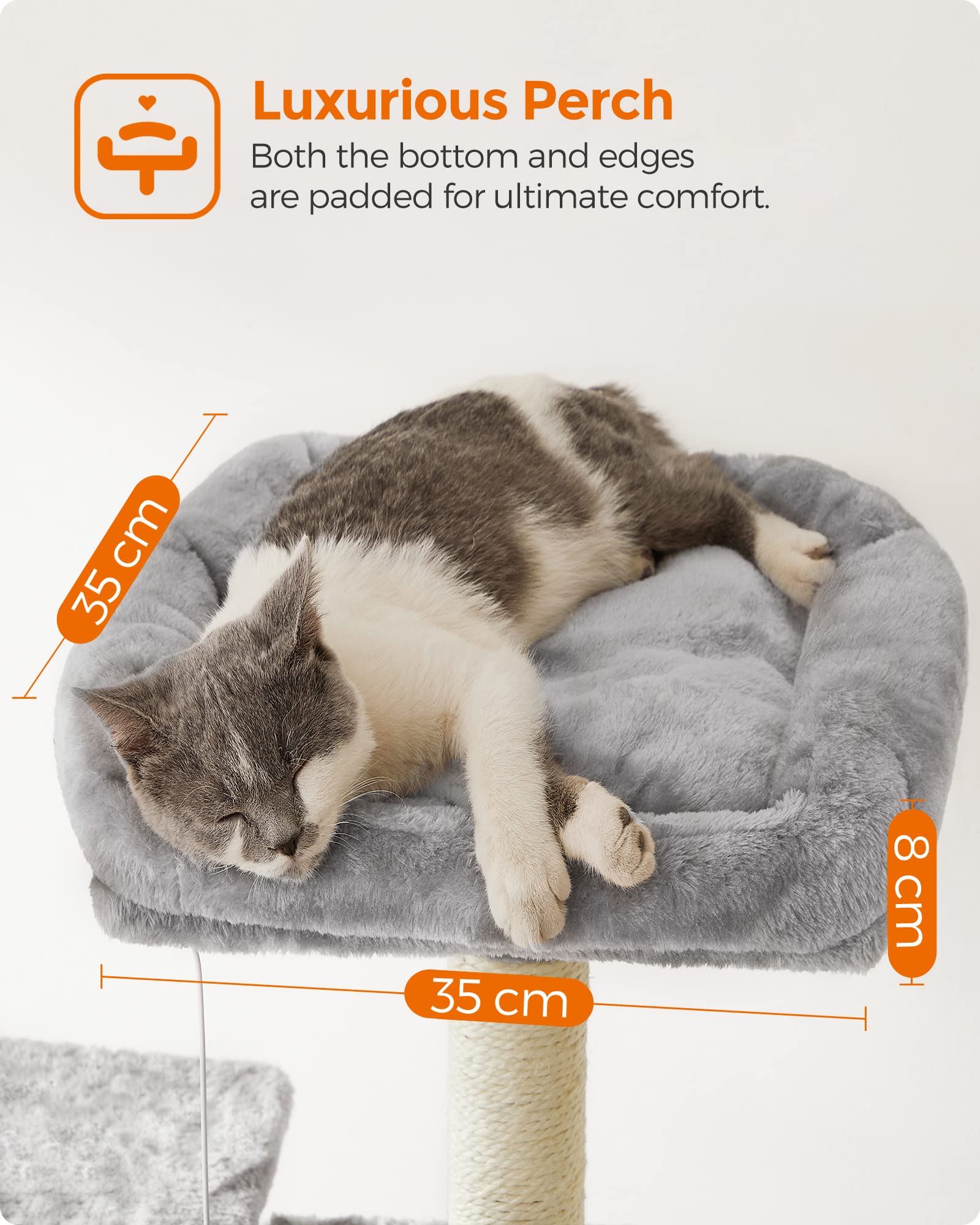 FEANDREA 155cm Cat Tree Tower with 2 Caves & Scratching Board - Light Grey
