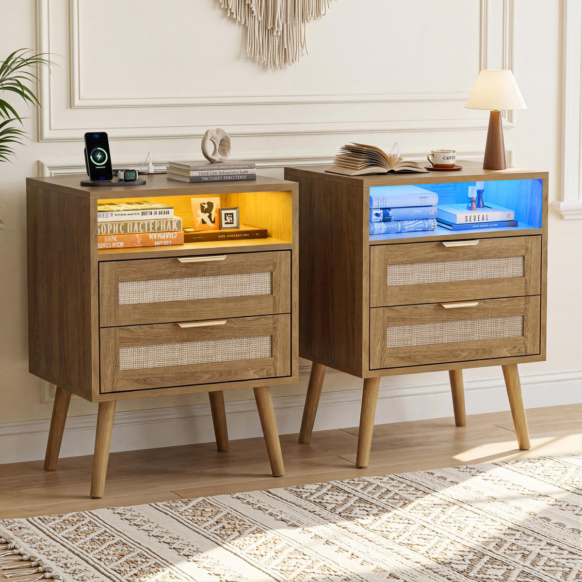 BonVache Bedside Tables Set of 2, Adjustable Lighting, Nightstand with LED Lights and Charging Station, Open Compartment and 2 Rattan Drawers - image 3