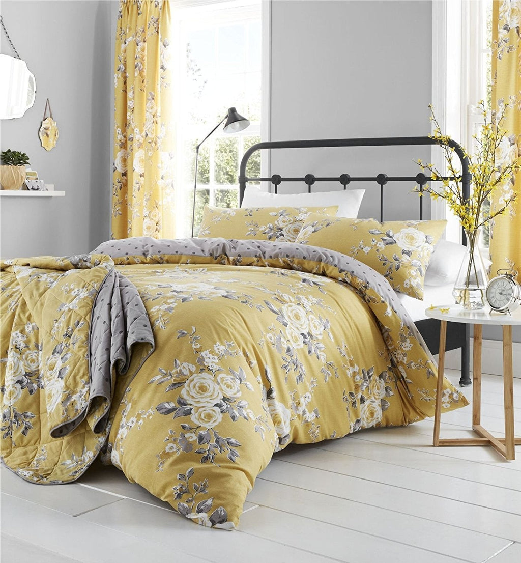 Catherine Lansfield Canterbury Floral Eyelet Curtains – Ochre Yellow