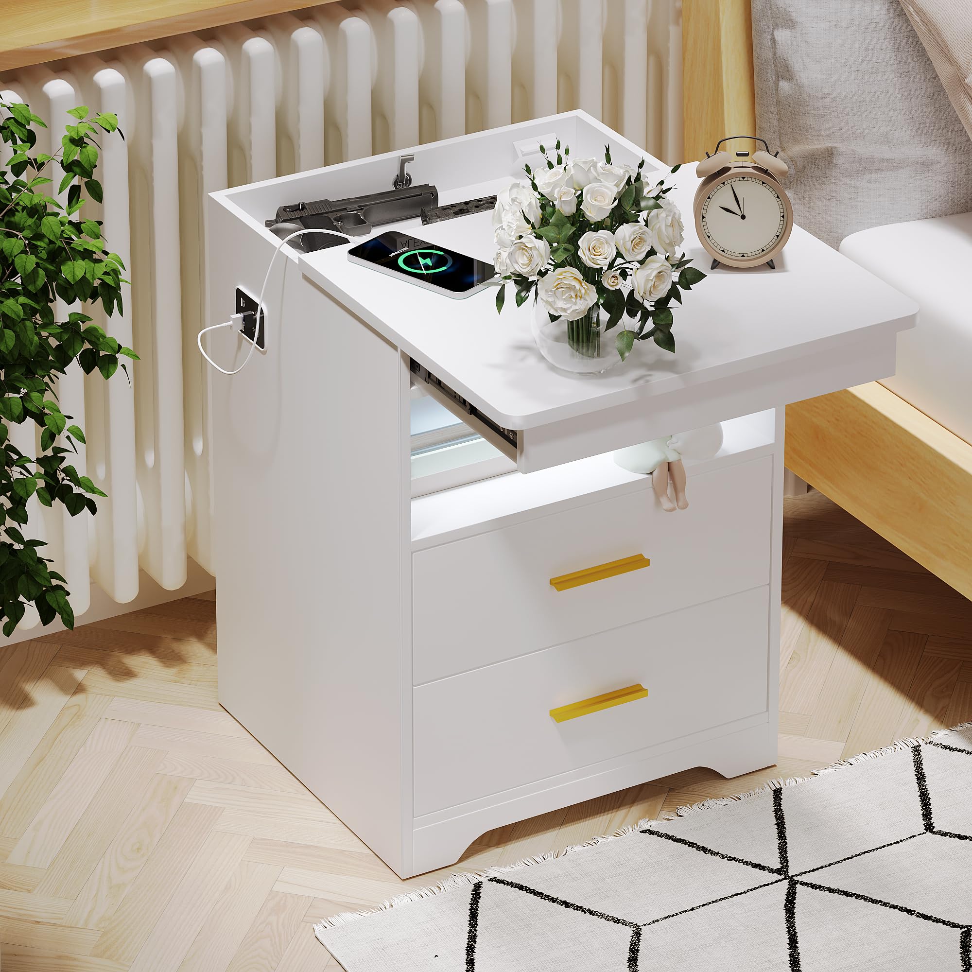 FREDEES LED Nightstand with Charging Station and Hidden Drawer - White