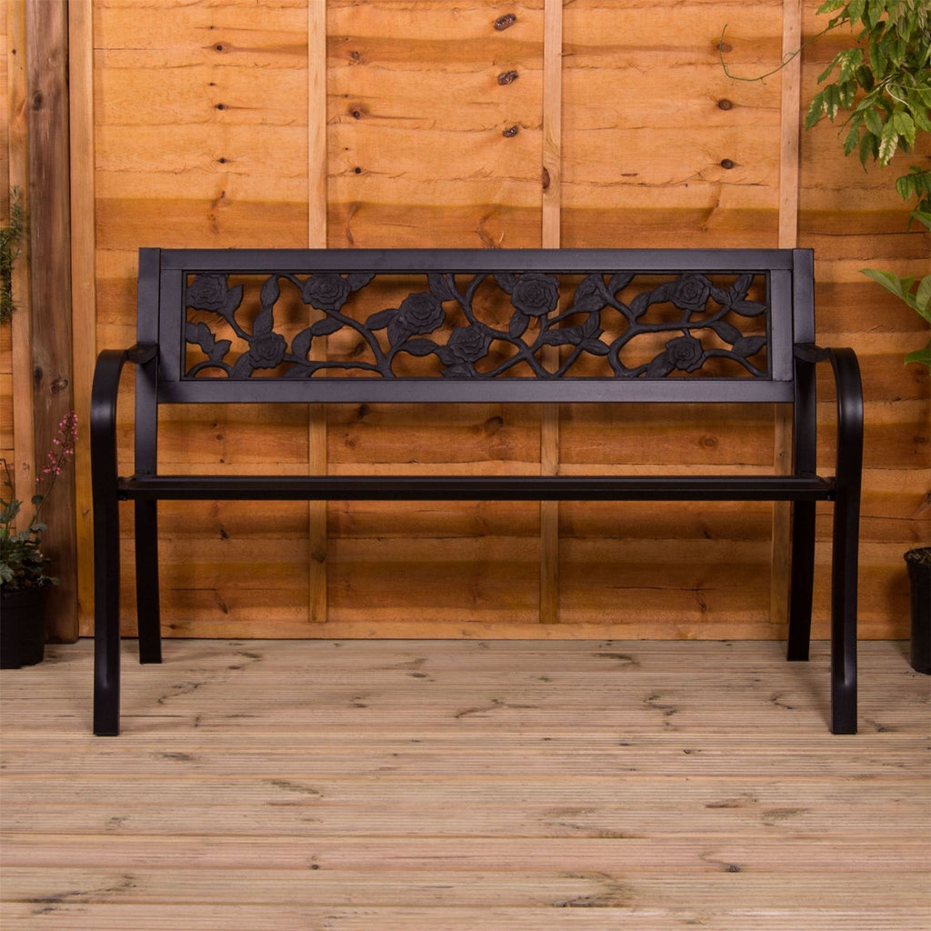 Garden Vida 3 Seater Steel Garden Bench | Rose Design Outdoor Patio Seat