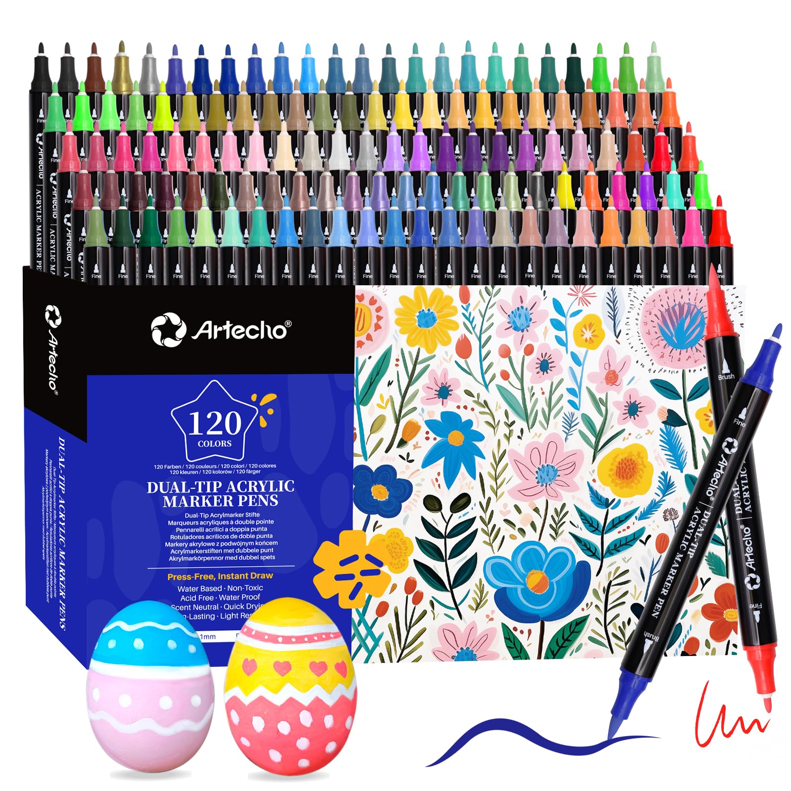 Artecho 120 Colors Acrylic Paint Markers | Dual Tip Brush & Fine Pens