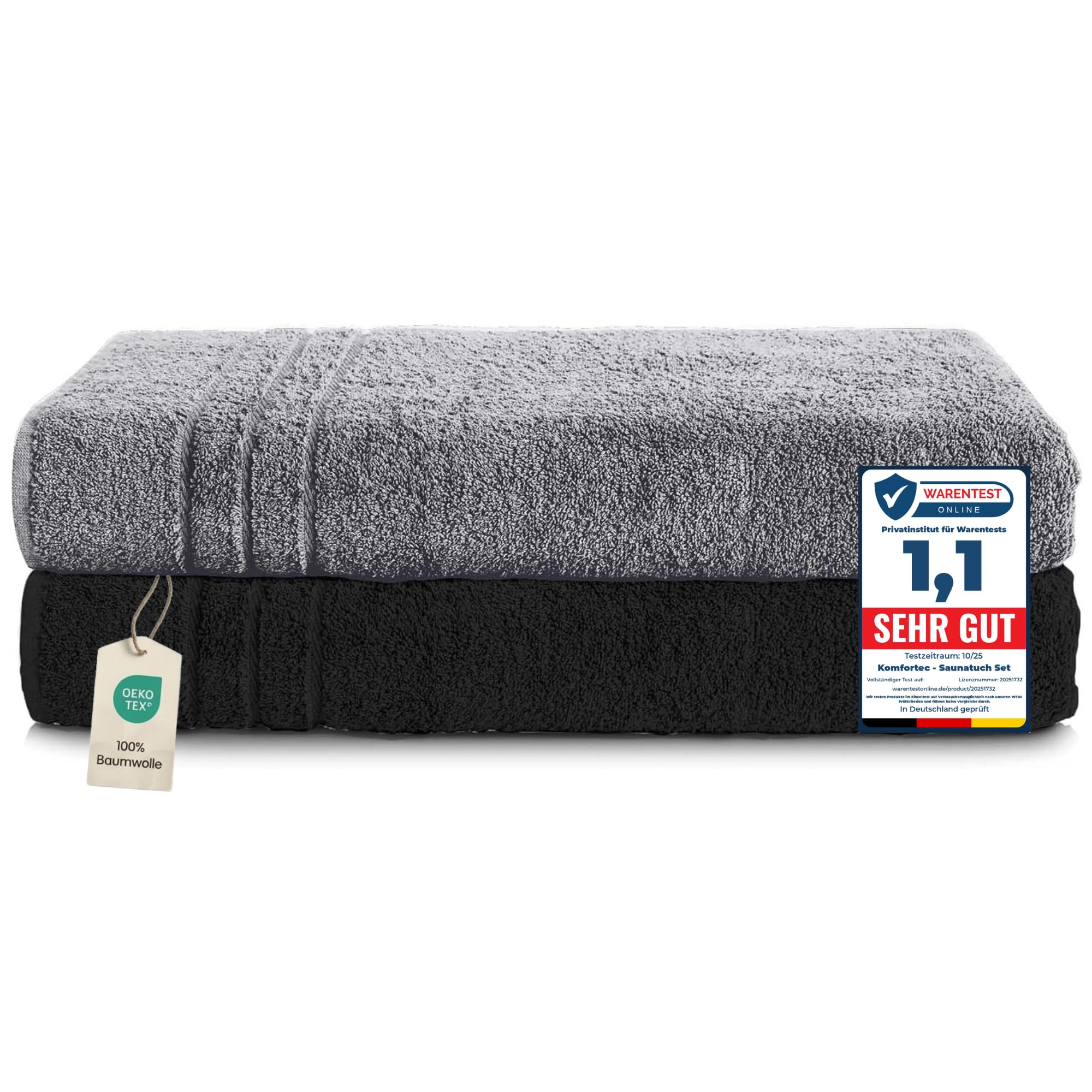 Komfortec Set of 2 XXL Sauna Towels – 100% Cotton Terry, 80x200cm