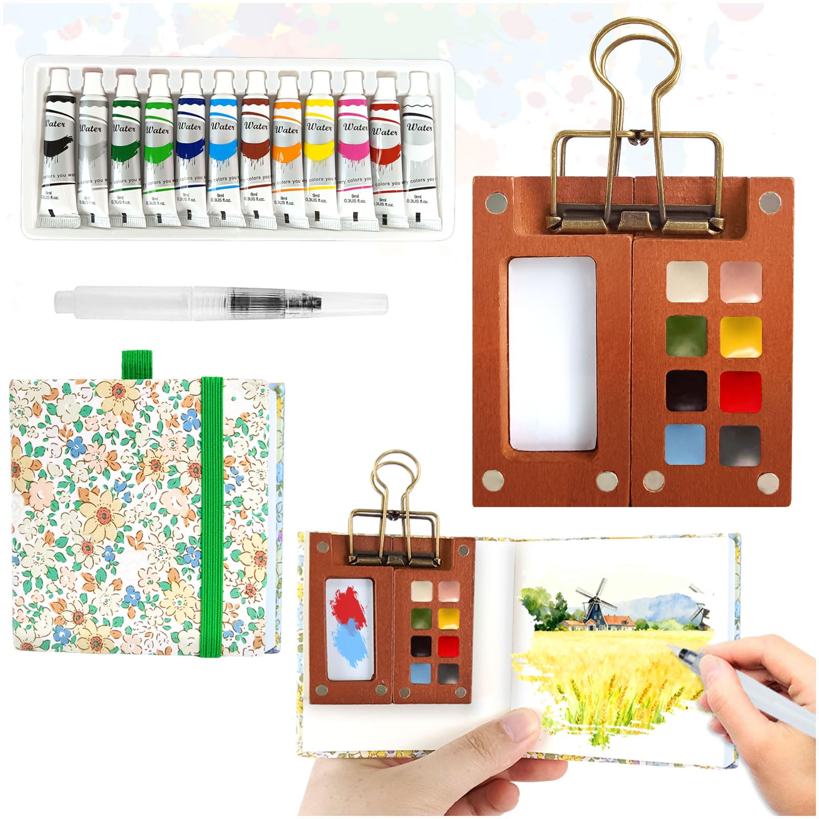 Audasi 8-Grid Portable Watercolor Palette | Mini Wooden Travel Paint Set