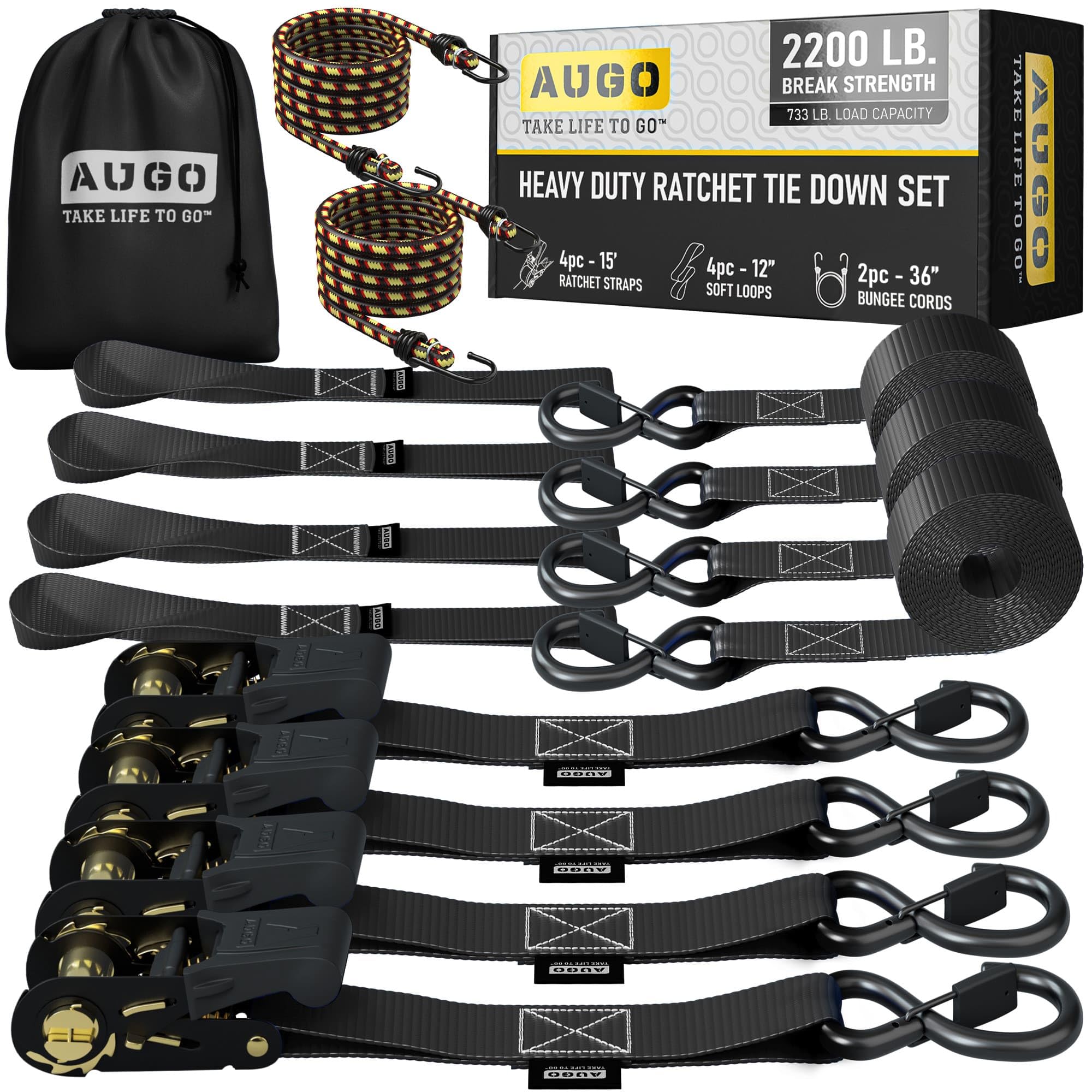 AUGO Ratchet Tie Down Straps 4-Pack | 1000KG Heavy Duty Cargo Straps