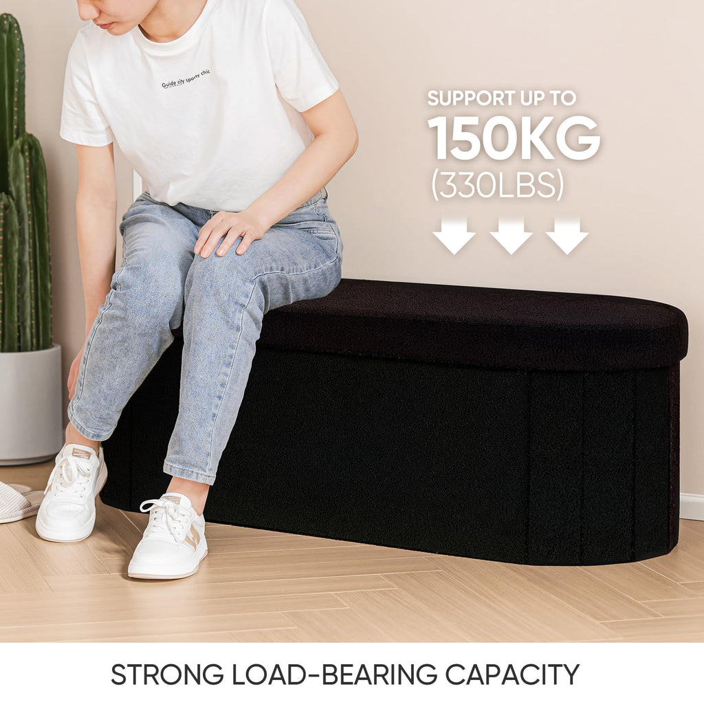 Bonlife Oval Boucle Folding Storage Ottoman Bench - 100L Black