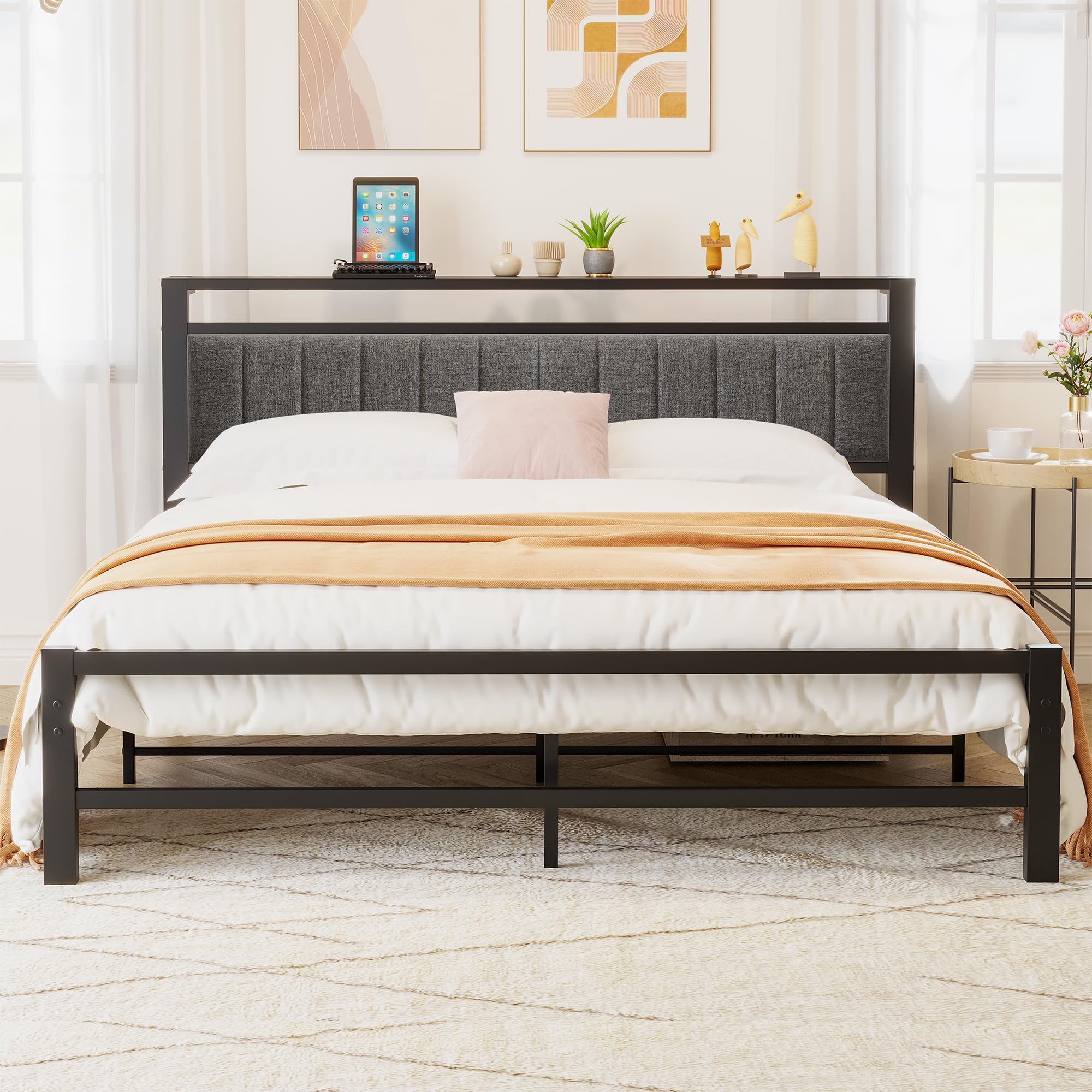 ARFARLY King Size Bed Frame | Metal Upholstered Platform with Storage