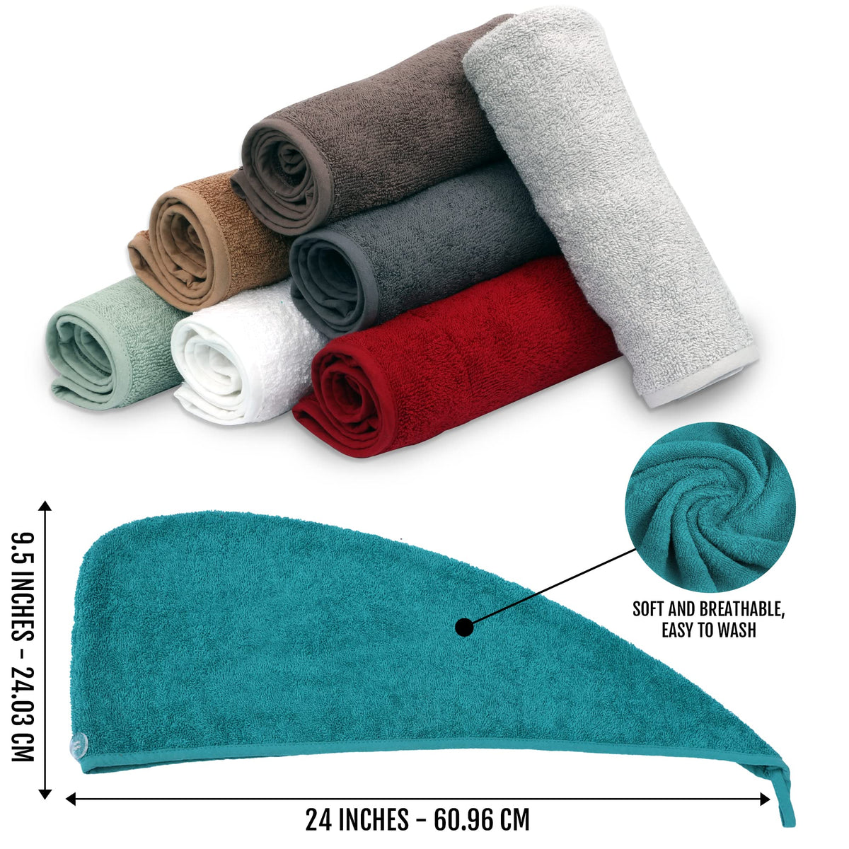 BAVIN LUXURY Hair Towel Wrap 100% Cotton, Instant Drying Lightweight Turban Hair Cap Super Quick Absorbent Anti-Frizz Twist Dry Hat with Button Loop - image 4
