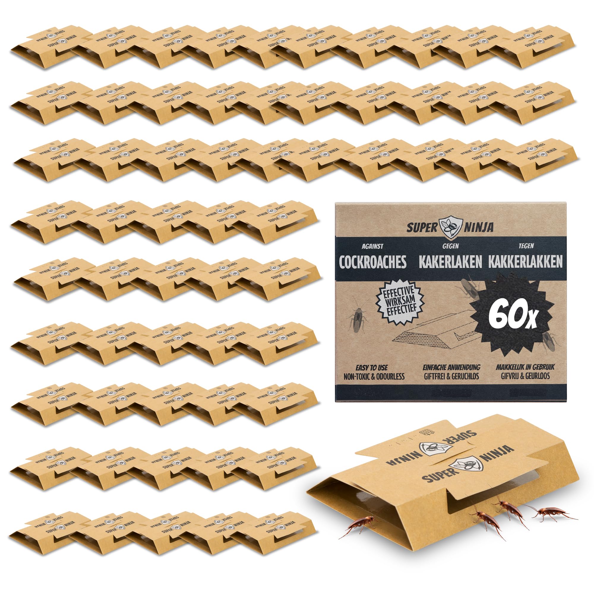 Super Ninja Cockroach Trap – 60 Non-Toxic Sticky Roach Killer Traps