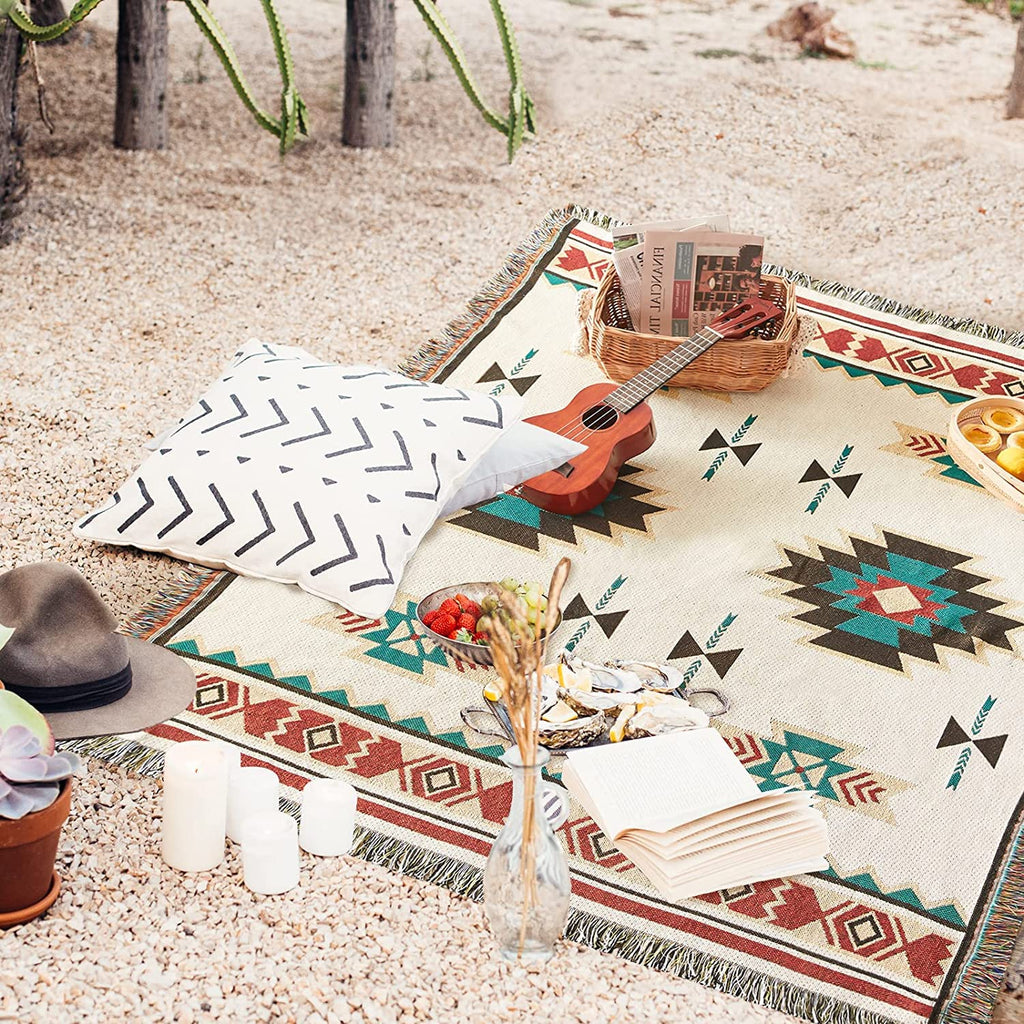 VANJOROY Aztec Cotton Throw Blanket | Handwoven Tribal Sofa Cover with Tassels