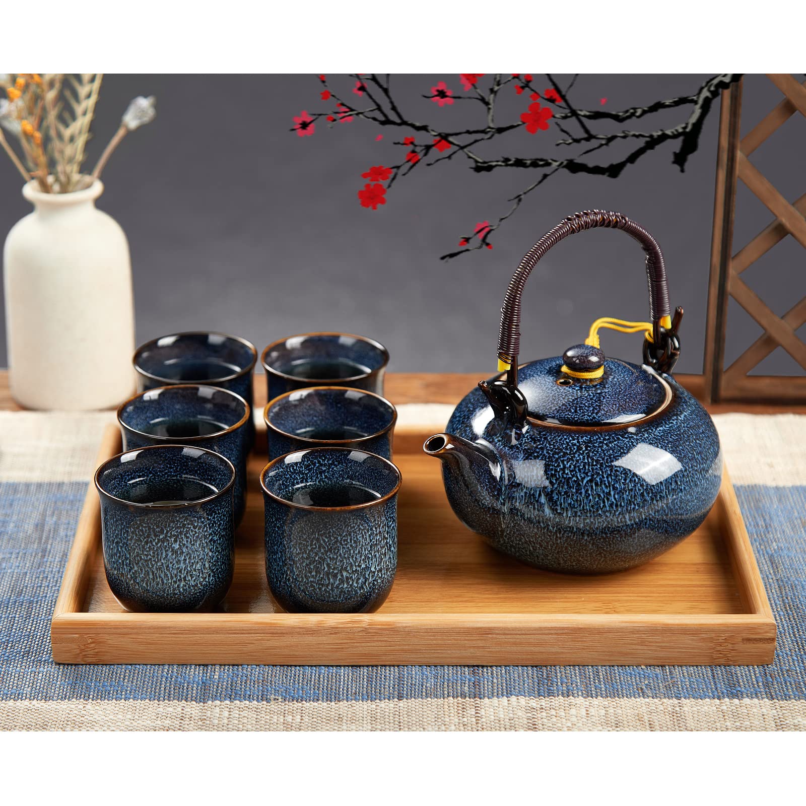 DUJUST Japanese Tea Set for 6 | Kiln Glaze Porcelain Teapot with Bamboo Tray