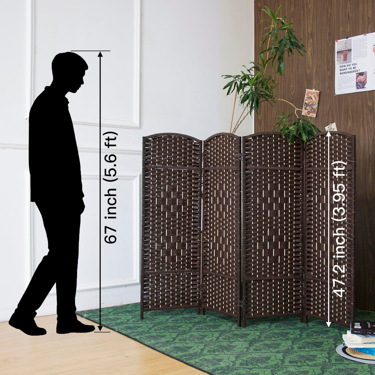 Furnnylane 4 Panel Dark Brown Rattan Divider Short Room Partition Screen,Double Sided Short Folding Divider for Room Separation,120 cm Tall