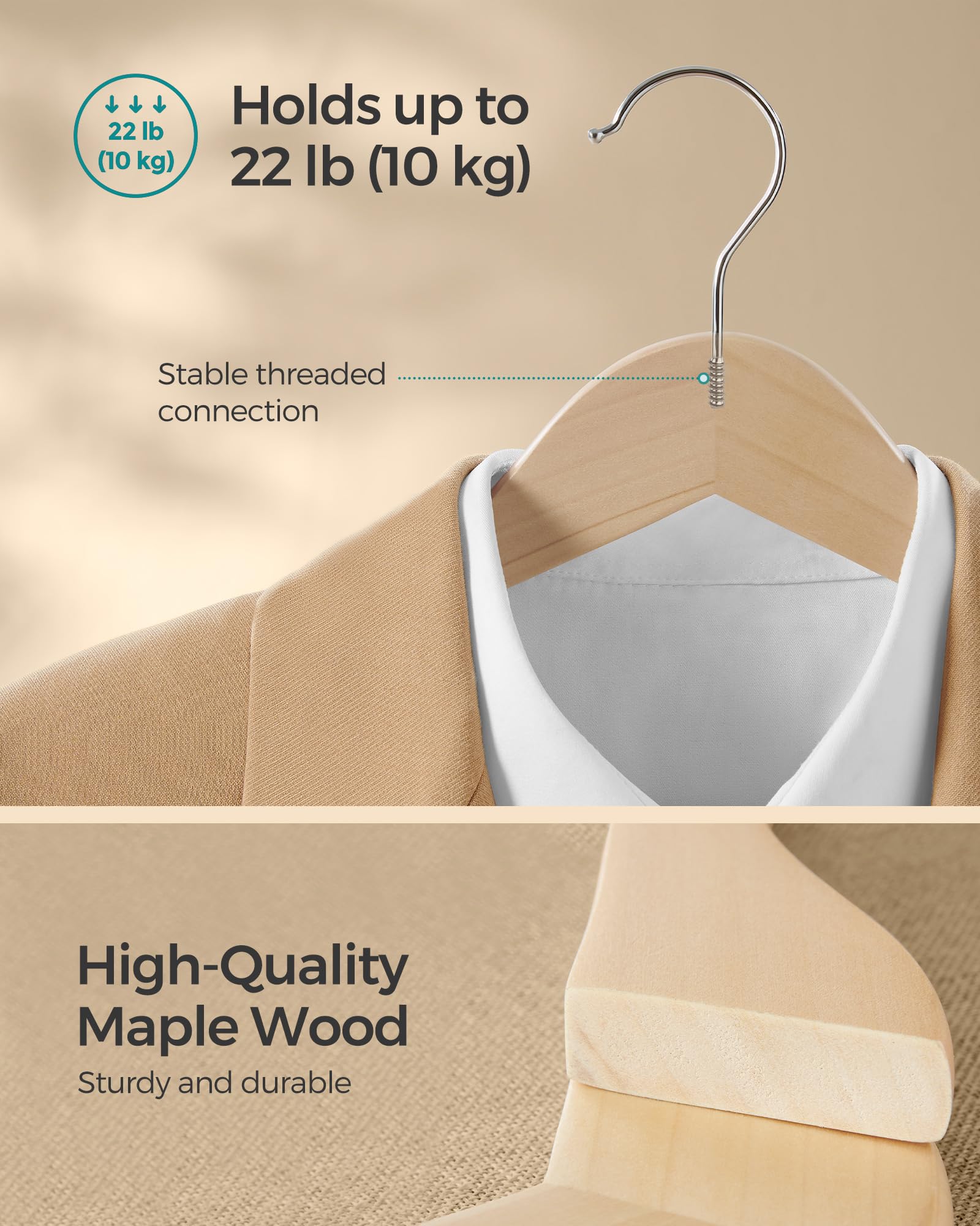 SONGMICS Wooden Hangers - Pack of 48 Non-Slip Maple Wood Coat Hangers