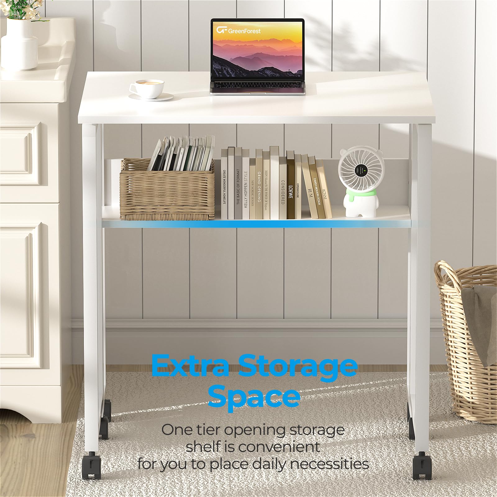 GreenForest Small Folding Computer Desk with Storage Shelf and Wheels