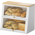 Urackify Large 2-Layer White Bread Bin with Striped Window & Wood Handle