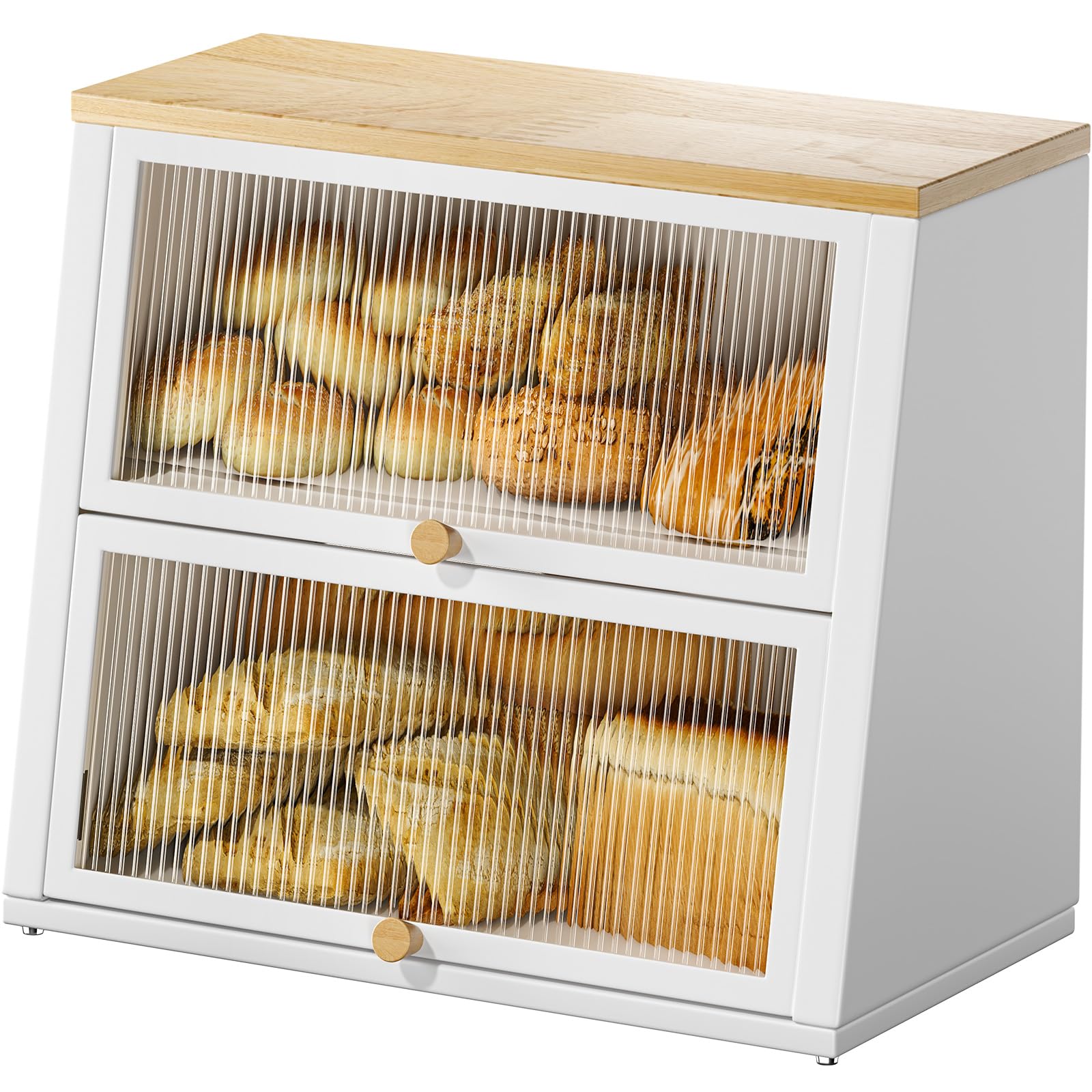 Urackify Large 2-Layer White Bread Bin with Striped Window & Wood Handle