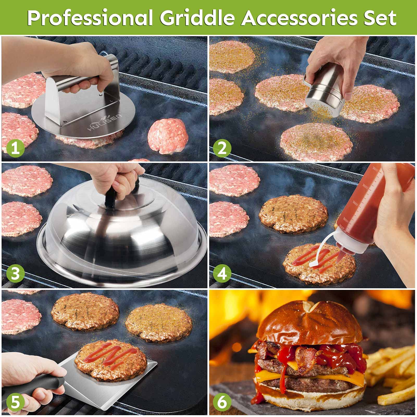 HULISEN Smashed Burger Kit | 6-Piece Stainless Steel Griddle Accessories
