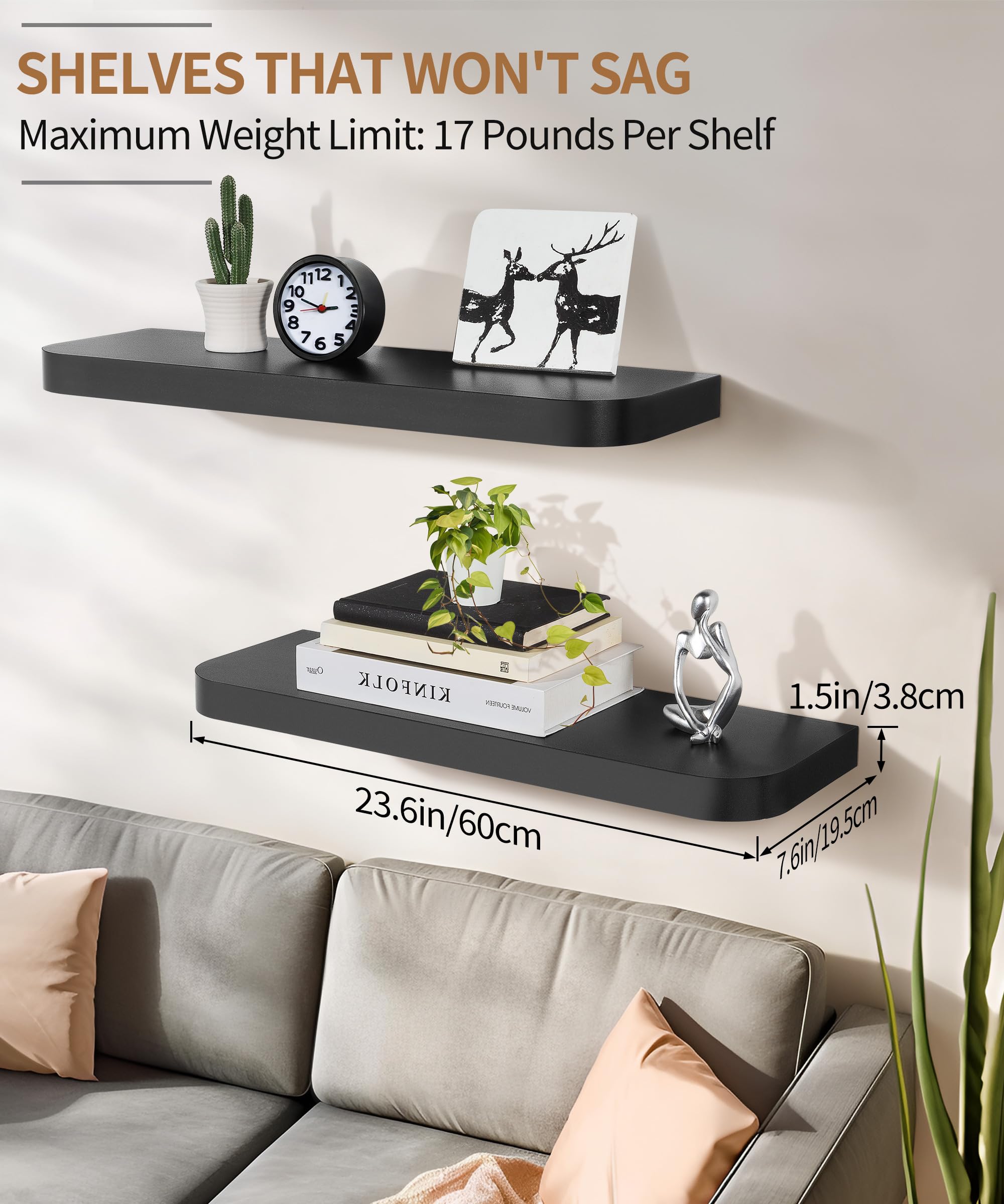 Gronda Black Floating Shelves – Set of 2 Modern 24-Inch Wall Shelves
