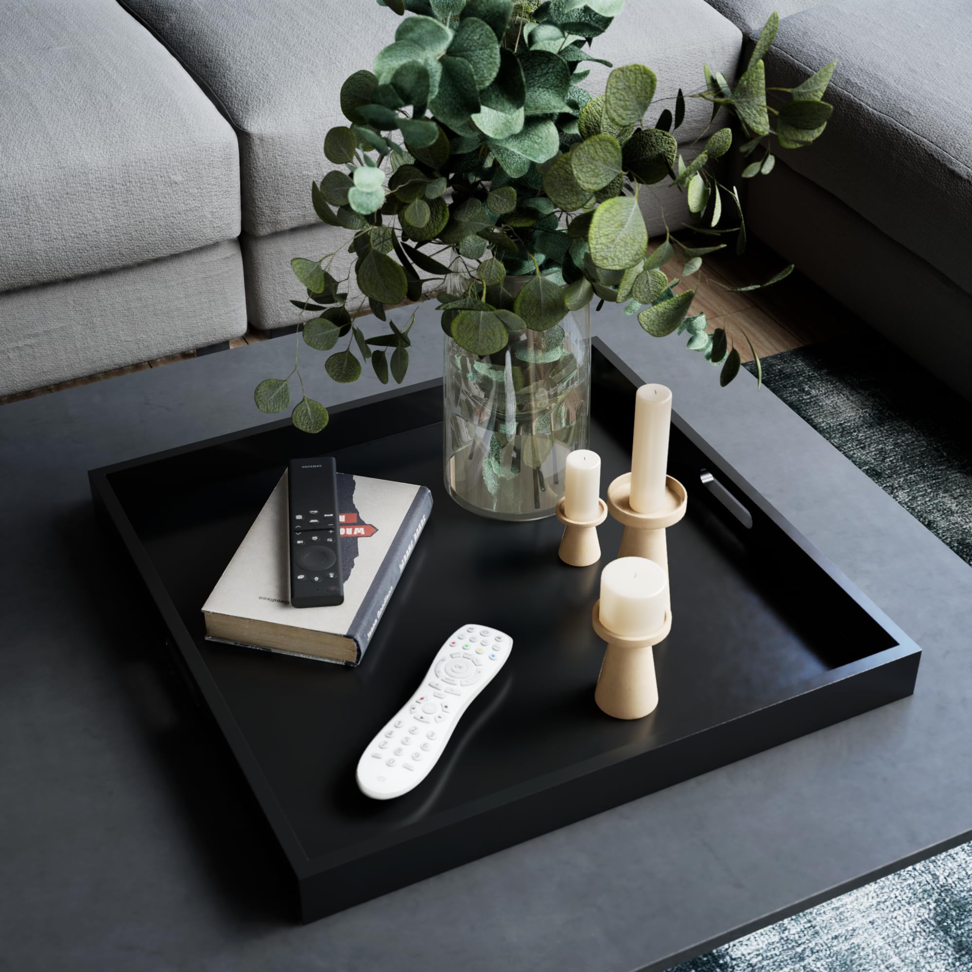 Hanobe 20" Square Ottoman Tray – Large Black Wood Decorative Serving Tray