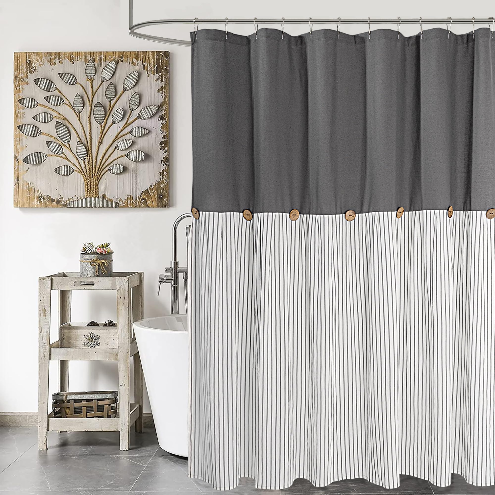 Jolof Store Linen Cotton Shower Curtain – Grey Striped Farmhouse Style