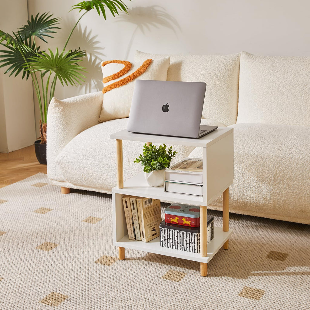 Aibiju Modern 3-Tier S-Shaped Side Table – White Nightstand with Wood Legs