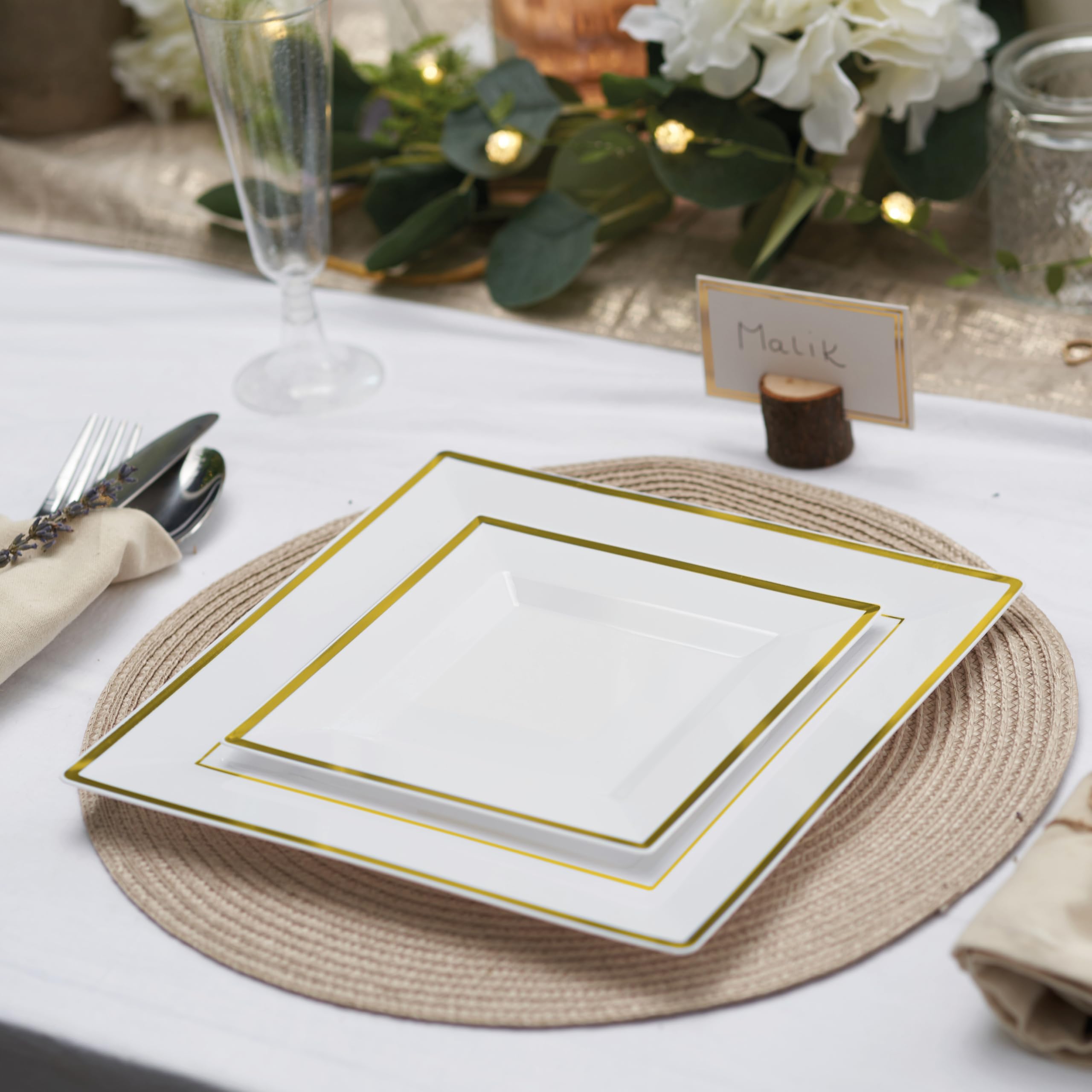 MATANA 120-Piece White Square Plastic Plates with Gold Rim for Parties