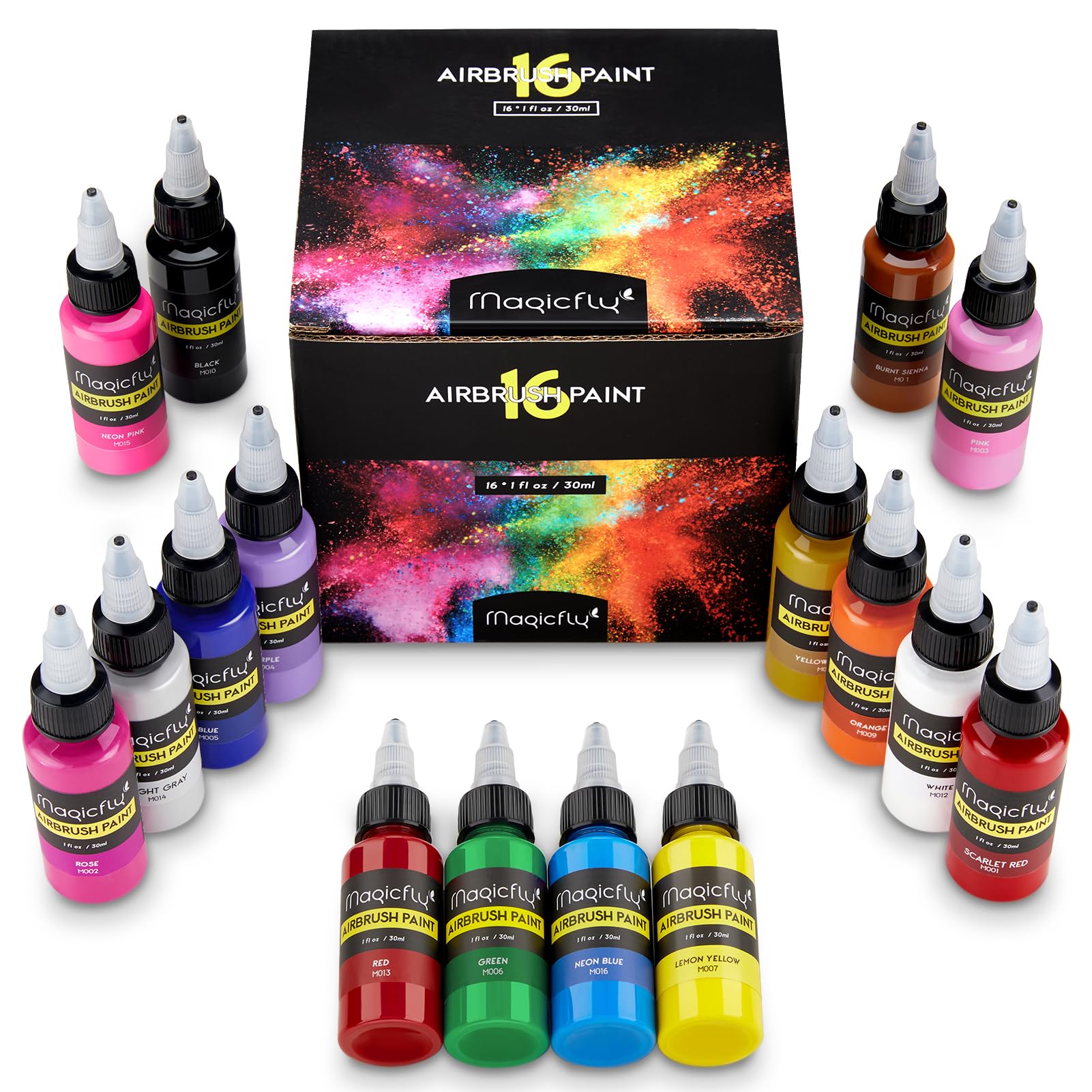 Magicfly Acrylic Airbrush Paint Set - 16 Colors Ready to Spray
